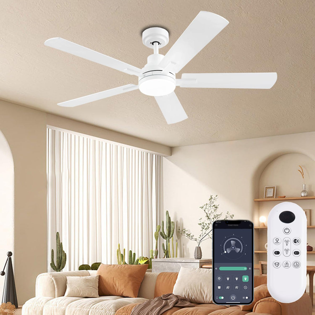 Jsaitee Ceiling Fans With Lights, 52 Inch Low Profile Ceiling Fan With Light And Remote/App Control, Dc Reversible Motor, Noisel