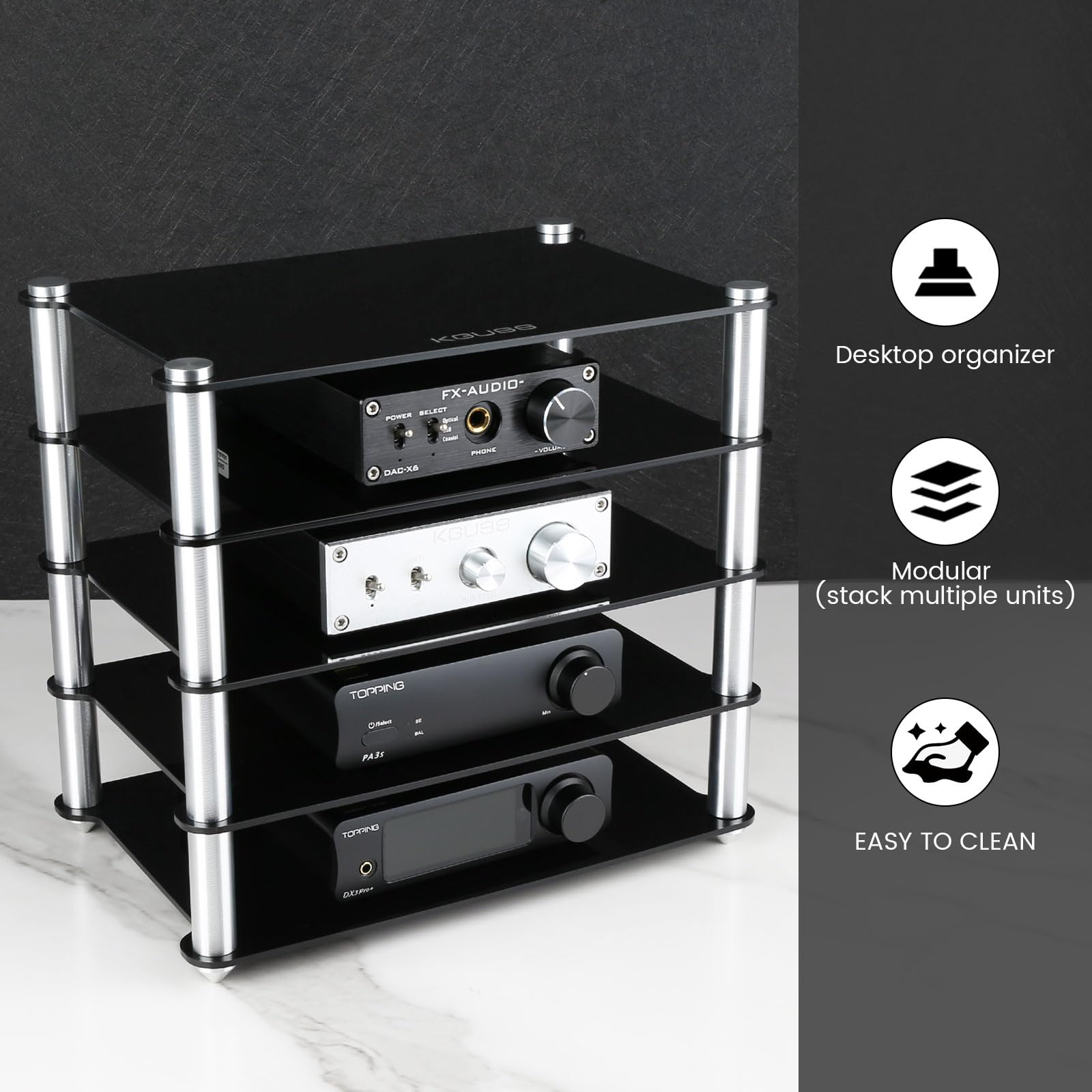 Kguss Mini Audio Component Rack Black Acrylic 2 Layer Rack Aluminium Holders Small Desktop Rack For Hifi Audio Equipment Dac Amplifier Amp (Black)