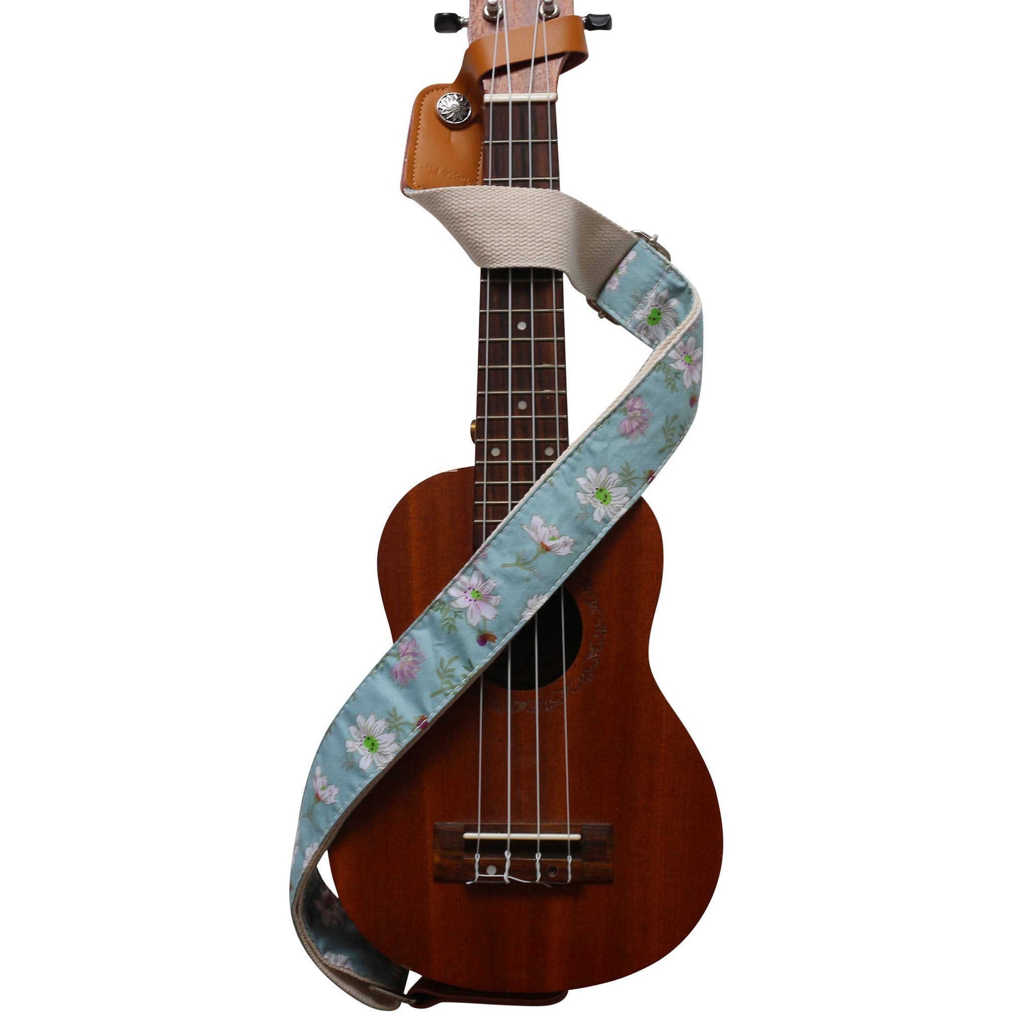 Music First Original Design Vintage Blue Daisy    Soft Muslin & Genuine Leather Ukulele Strap Ukulele Shoulder Strap With A Genu