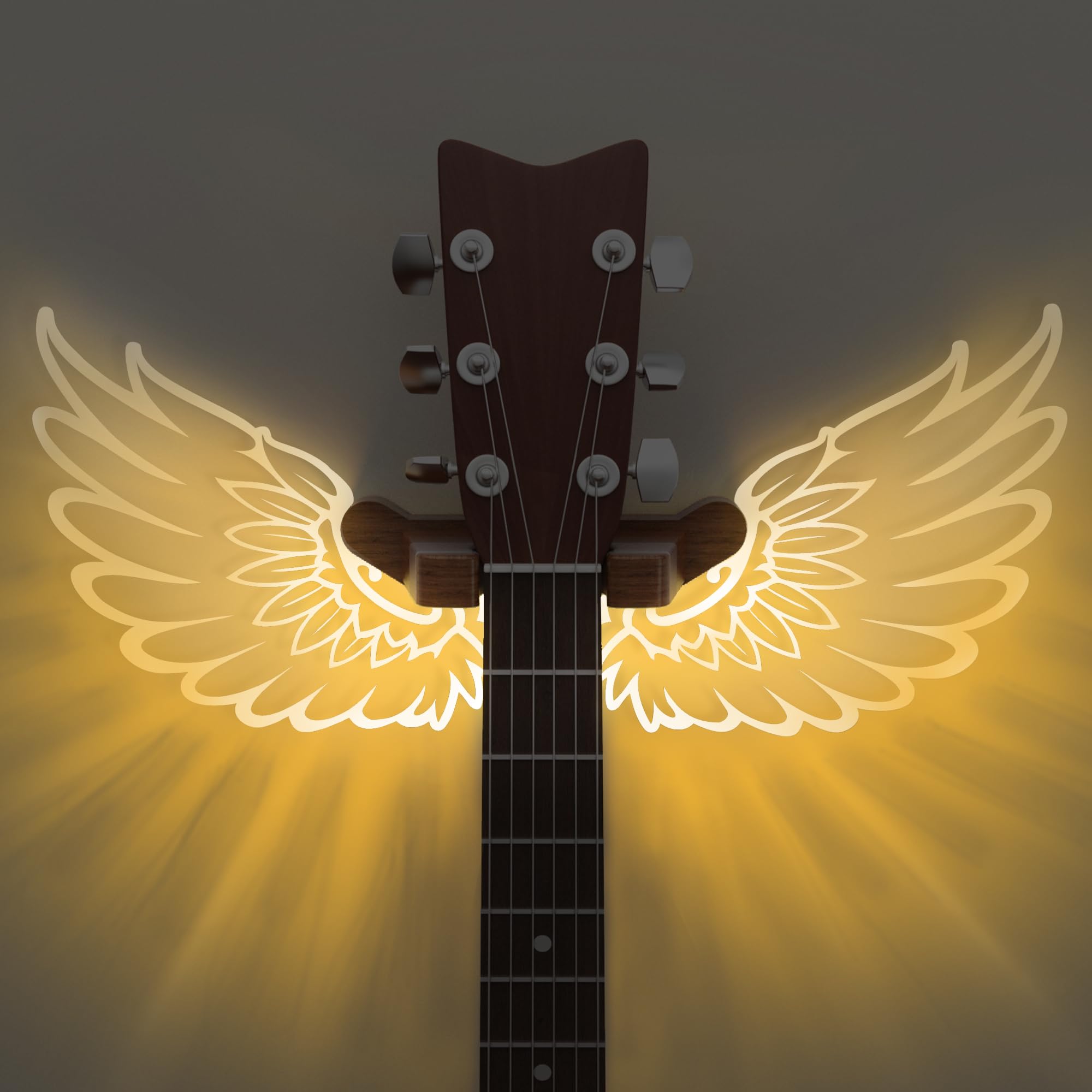 CoolGift Mart Guitar Stand Wall Mount with Luminous Angel Wings, Acrylic Wooden Guitar Hanger Shelf with USB Powered, for Acoust