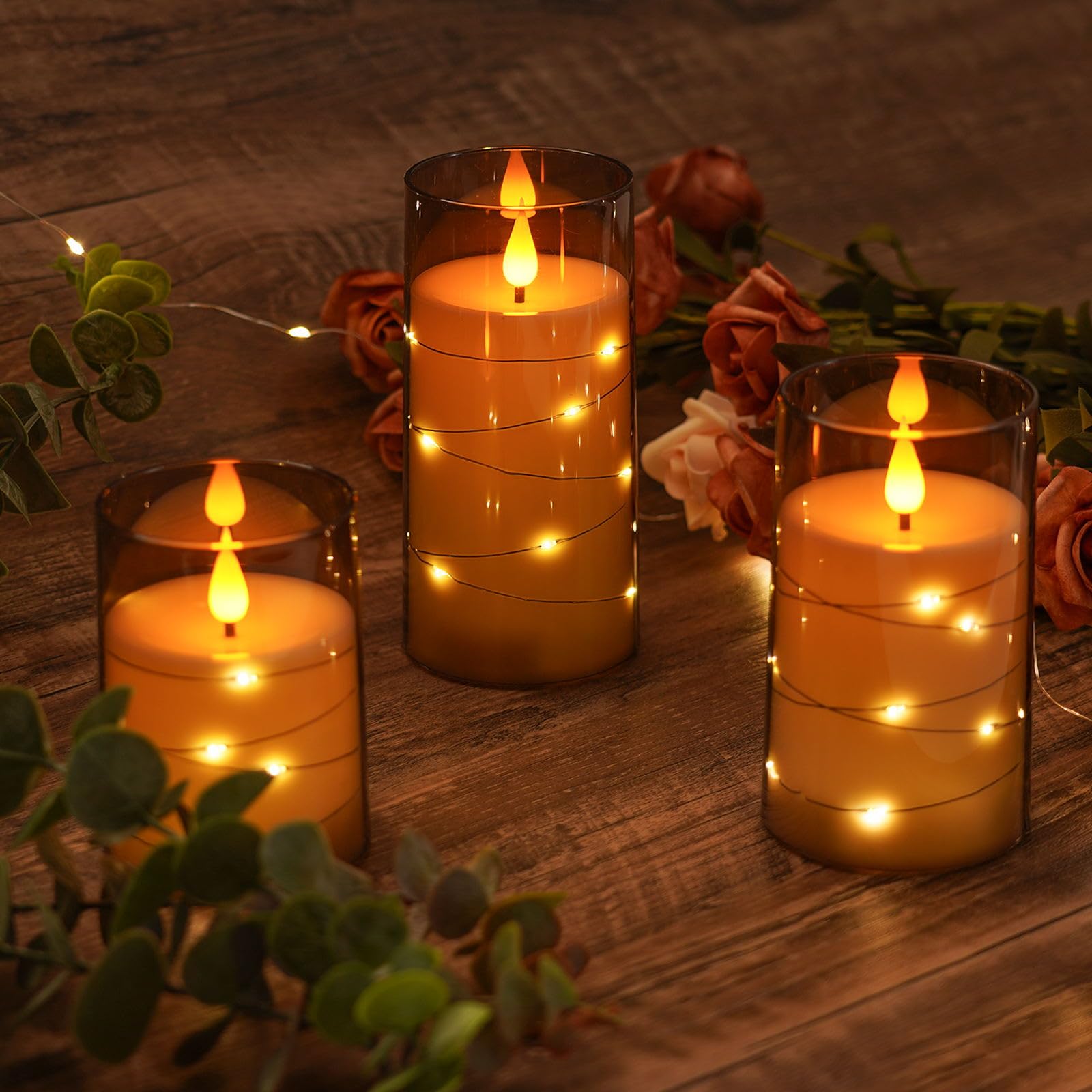 Amagic Grey Flameless Candles With Remote, Flickering Battery Operated Candles With Embedded Fairy Lights, Acrylic Led Candles W