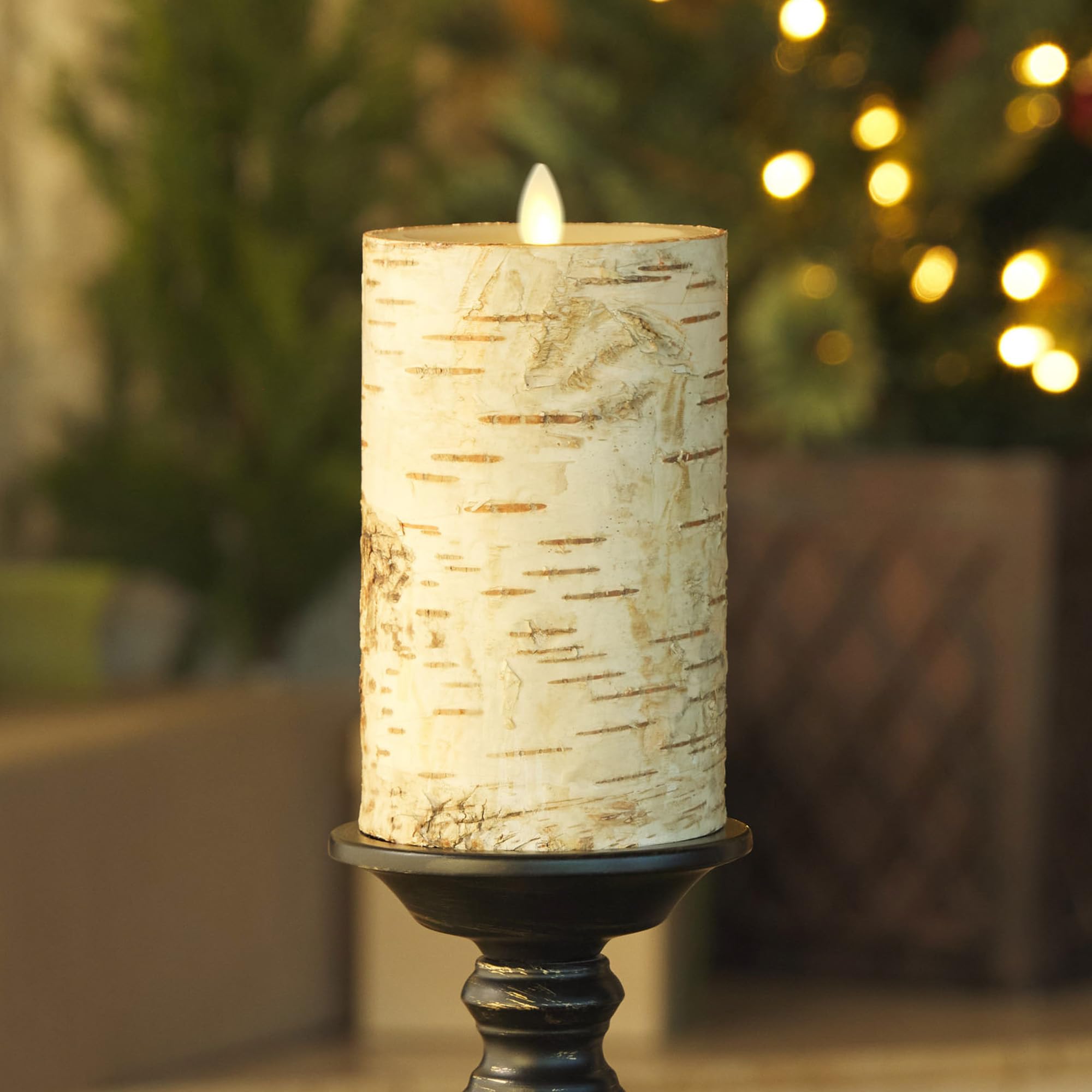 Luminara Real Birch Bark Wrapped Flameless Led Candle, 3.5'' X 6.5'', Battery Operated Moving Flame Pillar Light With Timer   Na