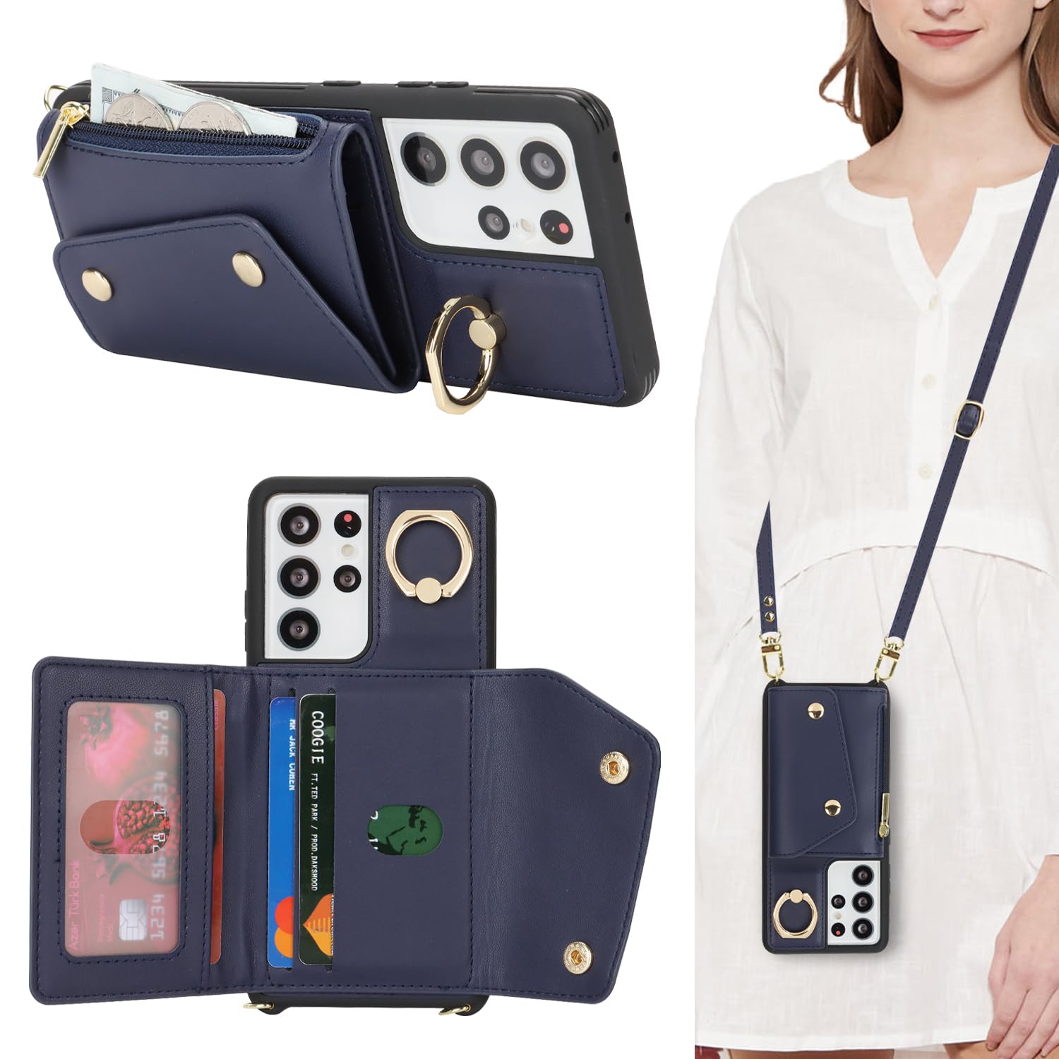 Lipvina for Samsung Galaxy S21 Ultra Case with Card Holder and Strap - Zipper Pocket,Crossbody Lanyard Strap,Credit Card Holder,