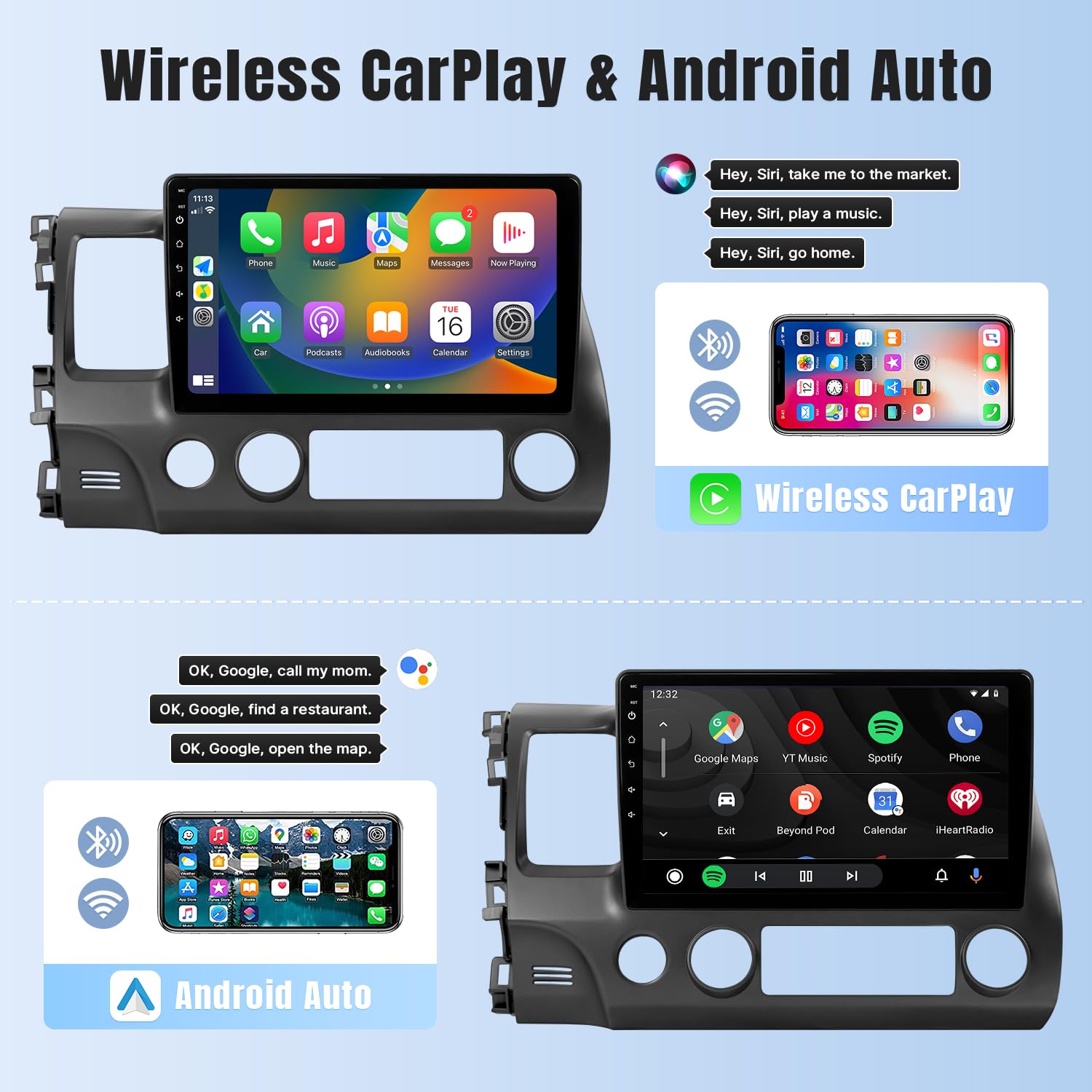 Naifay Android Car Stereo For Honda Civic 2006 2007 2008 2009 2010 2011 With Wireless Carplay Android Auto, 2G+32G 10.1'' Hd Tou