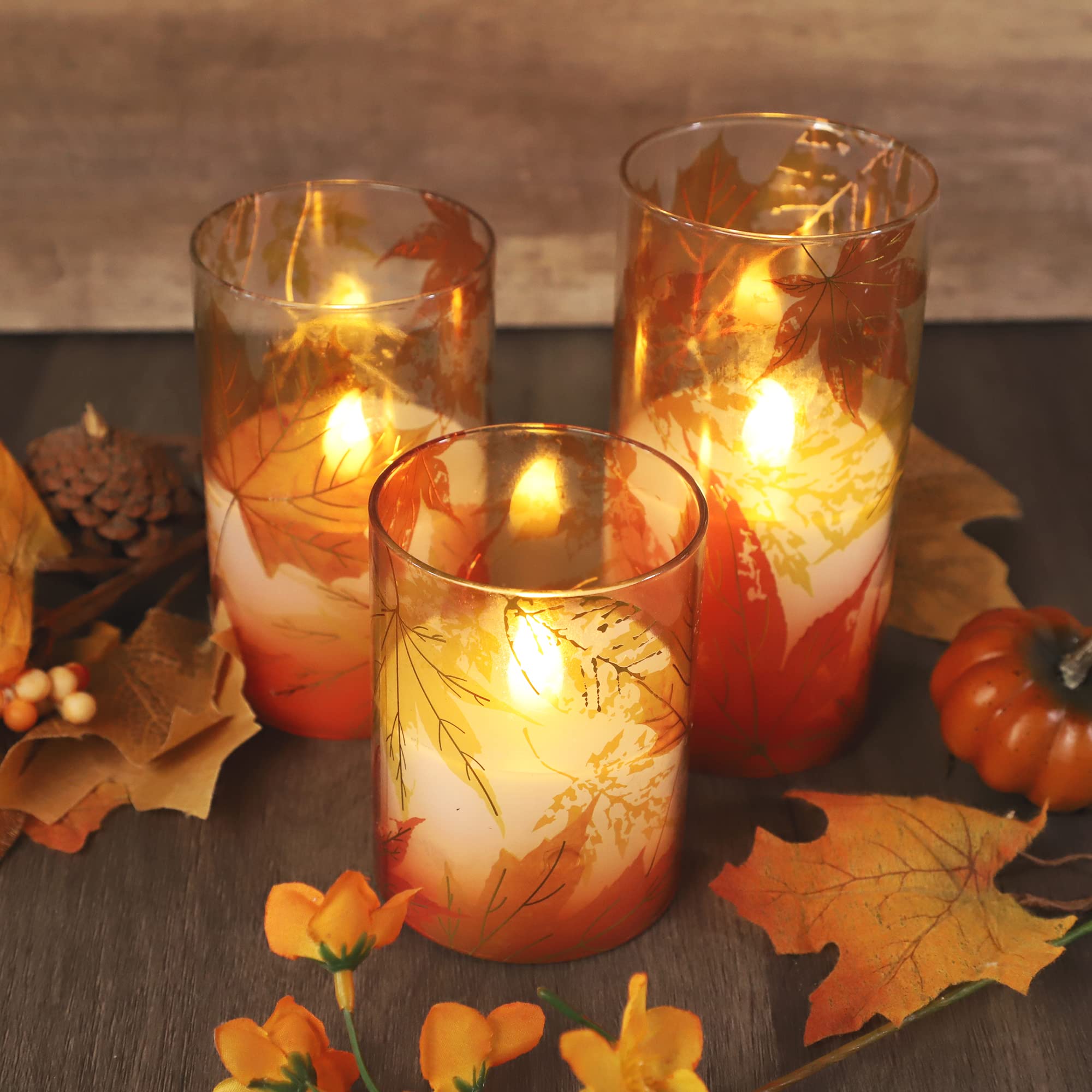 Crystal Club Fall Flameless Candles, Autumn Maple Leaves Led Flickering Candles With Remote And Timer, Battery Operated Glass Ef
