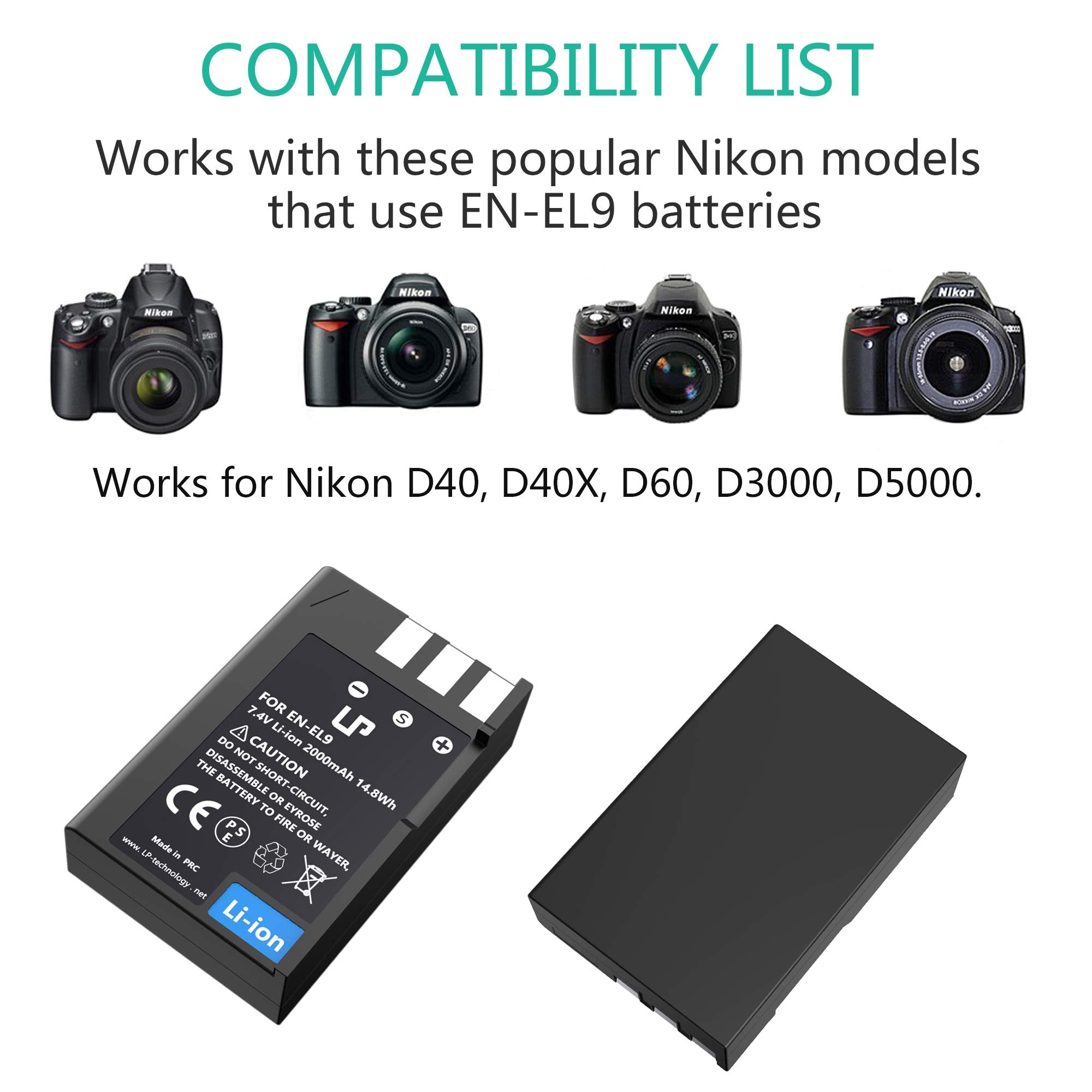 En El9 En El9A Battery Charger Pack, Lp Charger Pack Compatible With Nikon D40, D40X, D60, D3000, D5000 Cameras, Replacement For