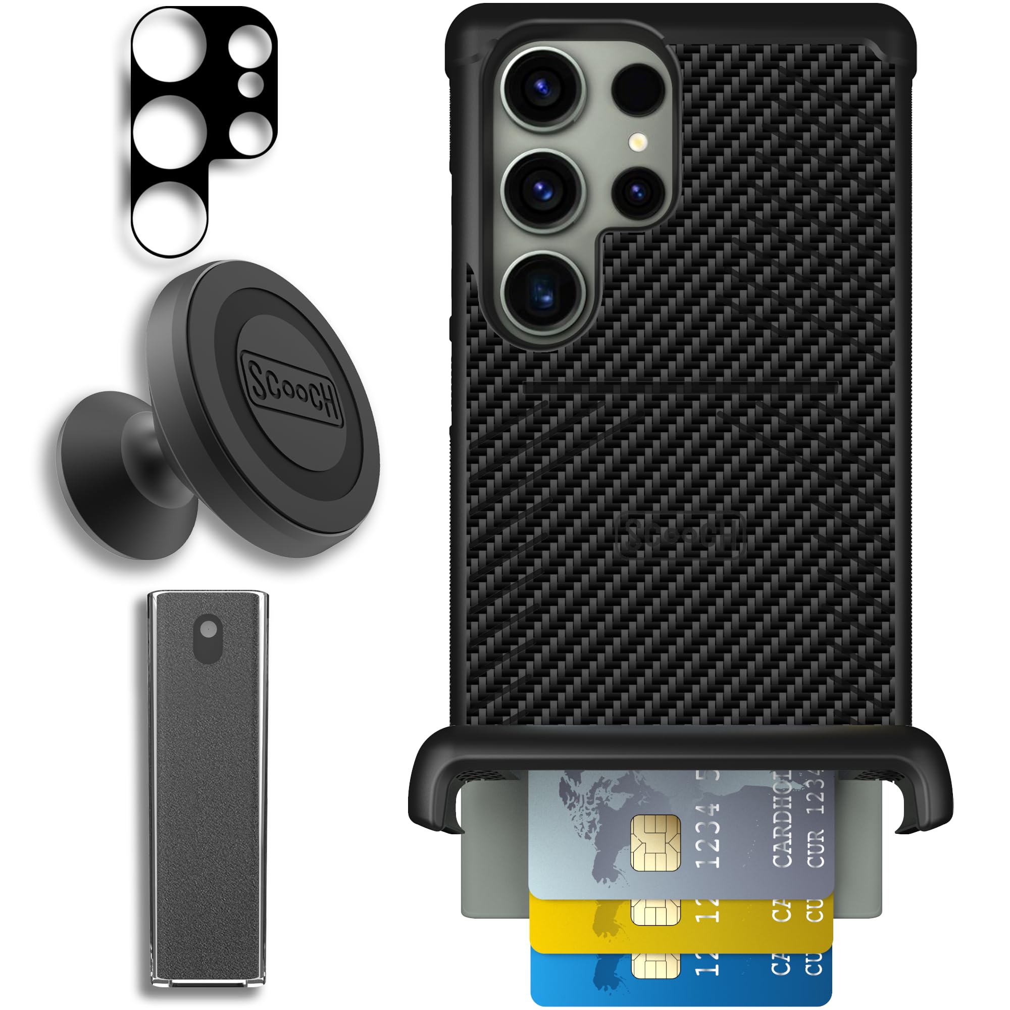 Scooch Wingmate for Galaxy S23 Ultra [Defender Bundle] Camera Lens Protector, Wingmount, Tech Spray (Carbon Fiber)