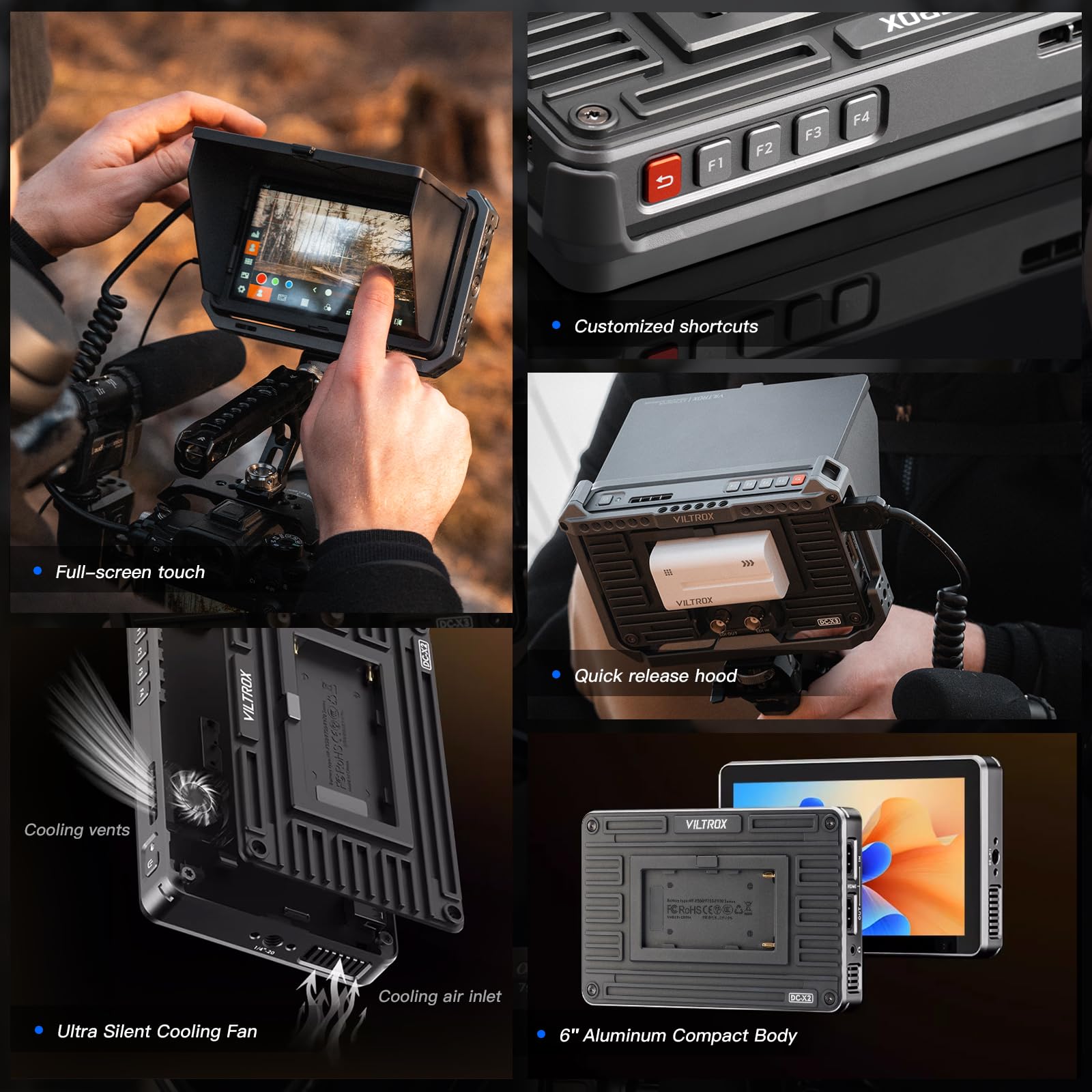 Viltrox Dc-X2 6 Inch Touchscreen Camera Field Monitor 4K Hdmi Video Monitor With Sunshade Hood/Battery 2000Nits 160Wide View Ang