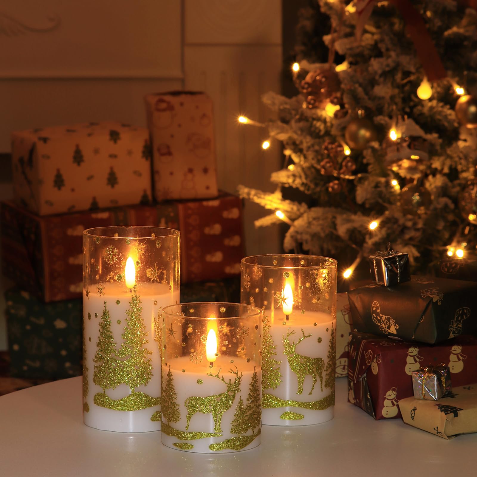 Flameless Candles With Remote, Real Wax Led Candles With Golden Snowflakes, Trees & Deer, Battery Operated Flickering Candles Wi