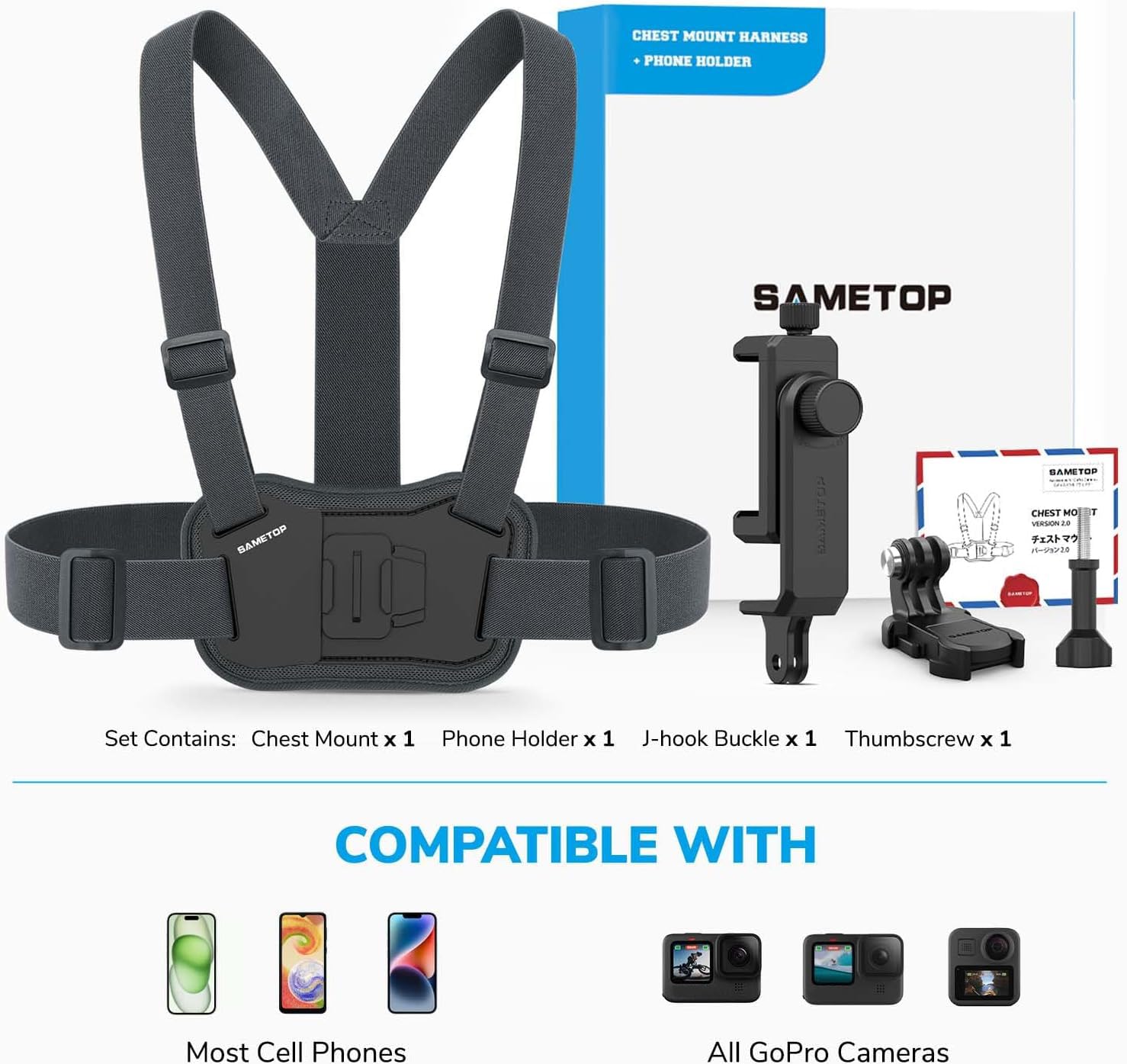 Sametop Phone Chest Mount Harness Holder Mobile Phone Strap Clip Compatible With Iphone Samsung Gopro 13/12/11/10/9/8 Dji Osmo A