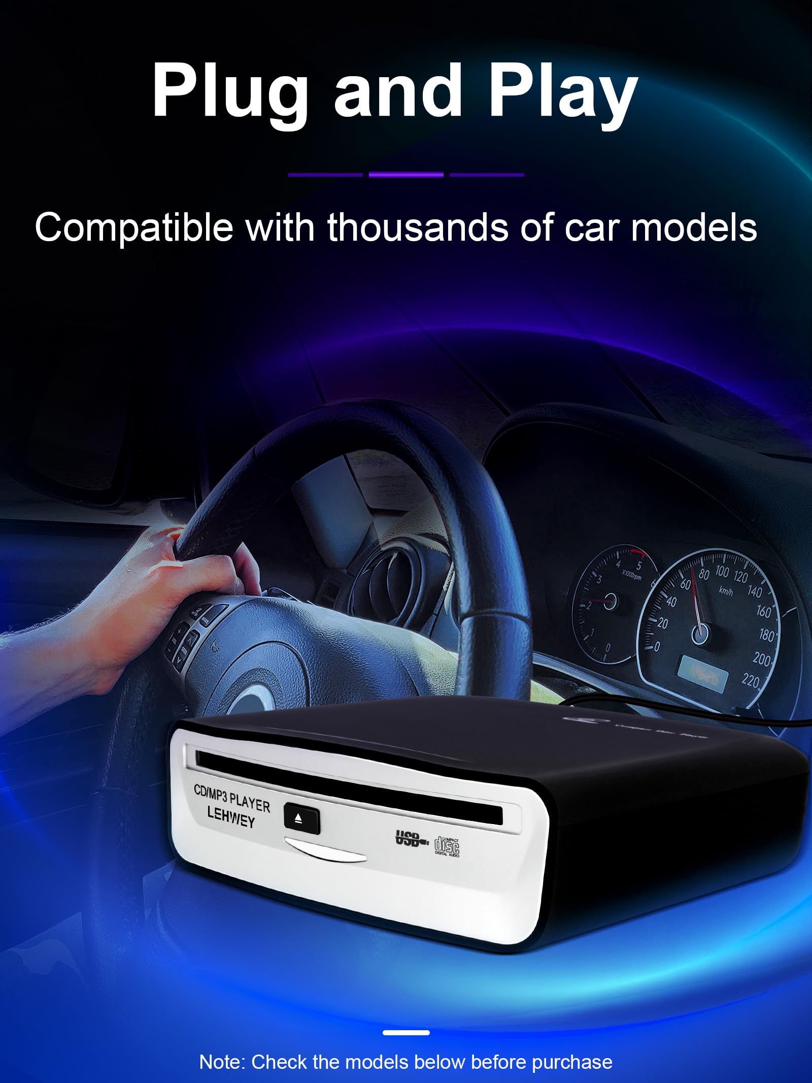 External Universal Cd Player For Car   Lehwey Portable Cd Player With Extra Usb Extension Cable, Plugs Into Car Usb Port, Laptop