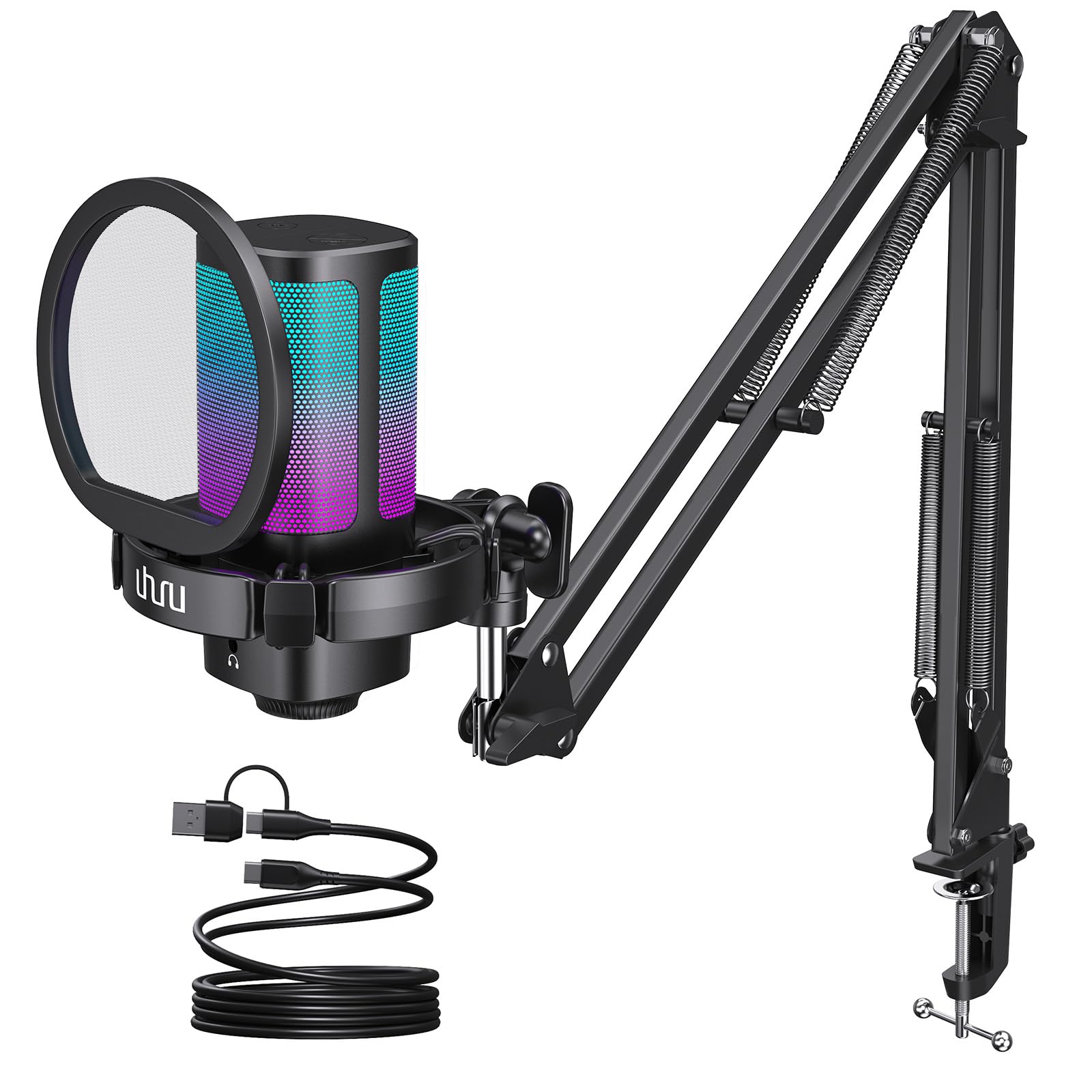Uhuru Gaming Usb Microphone For Pc, Computer Mic With Controllable Rgb For Ps4/5 Gamers, Podcast Mic With Boom Arm, Noise Cancel