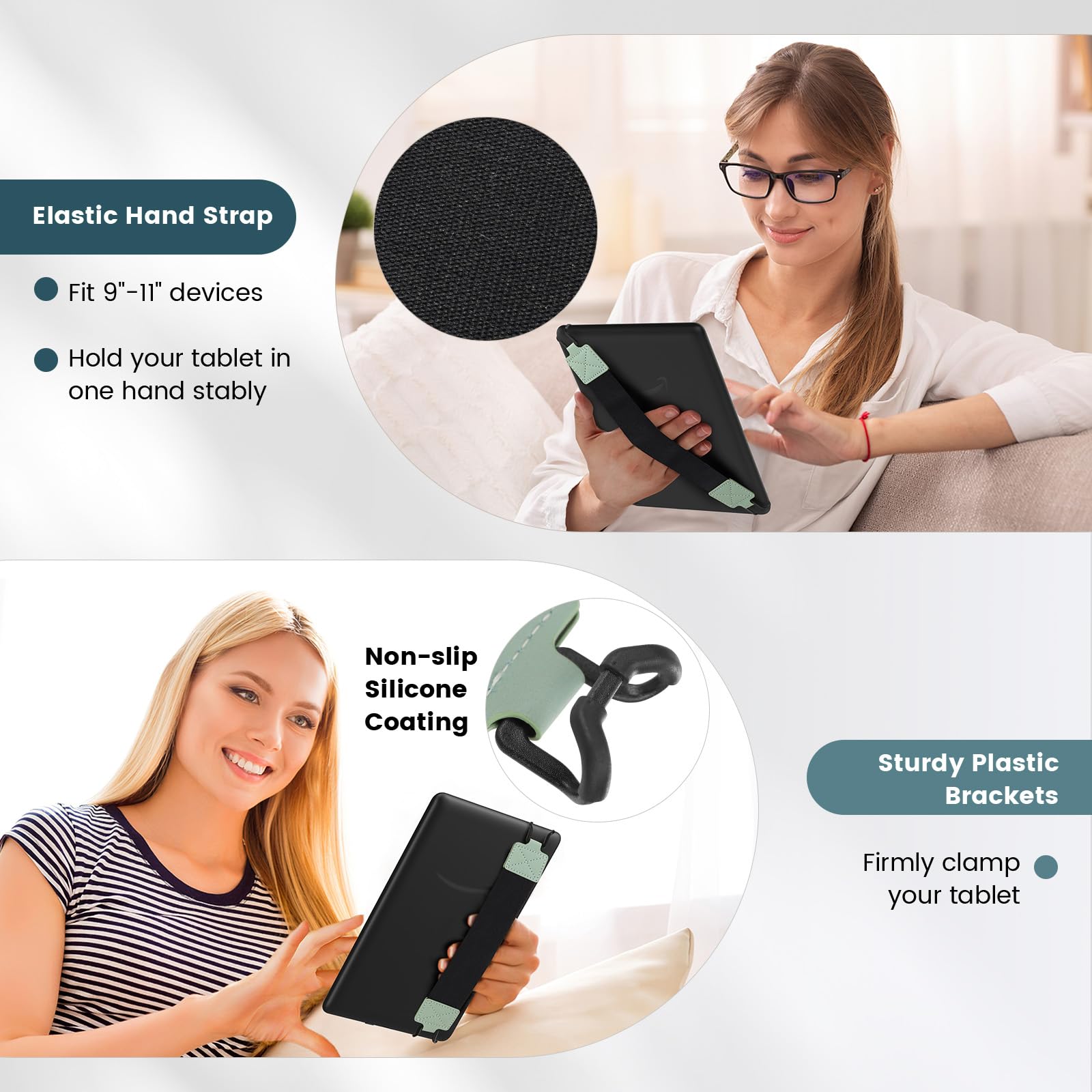 MoKo Security Hand Strap for 9 11 Inch Tablet, iPad/iPad Pro/iPad Air/Kindle Fire HD/Samsung, High Elasticity Versatile Hand Strap Lightweight Finger Grip Holder, Black Belt, Mint Green