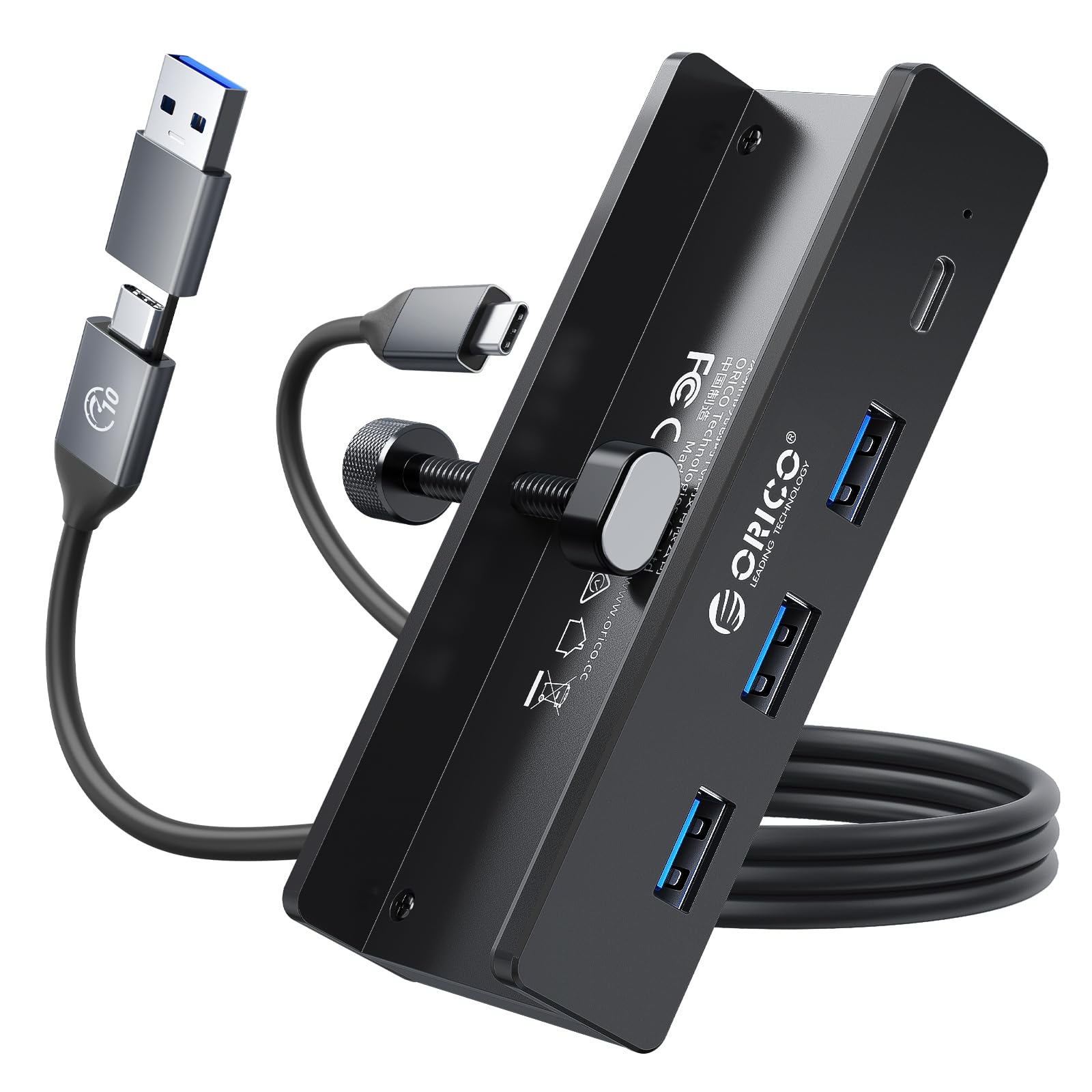 ORICO USB Hub 3.0, Clamp USB Hub with Extra Power Supply Port, Aluminum 4 Port USB Adapter with 3 USB A Data Ports, USB C Port for Monitors, Desks (Black)