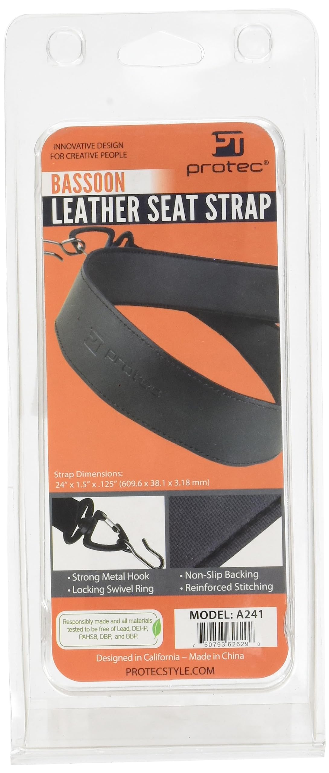 Pro Tec A241 Leather Bassoon Non-Slip Seat Strap With Lockable Hook Black Regular