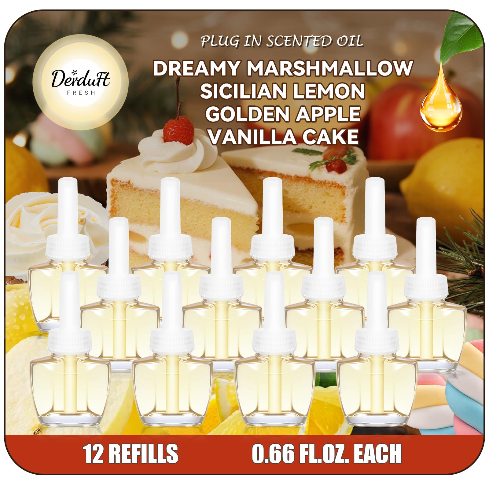 Plug in Refills Air Freshener - 12 Pack Essential Oil Refills, Dreamy Marshmallow, Sicilian Lemon, Golden Apple, Vanilla Cake, 7