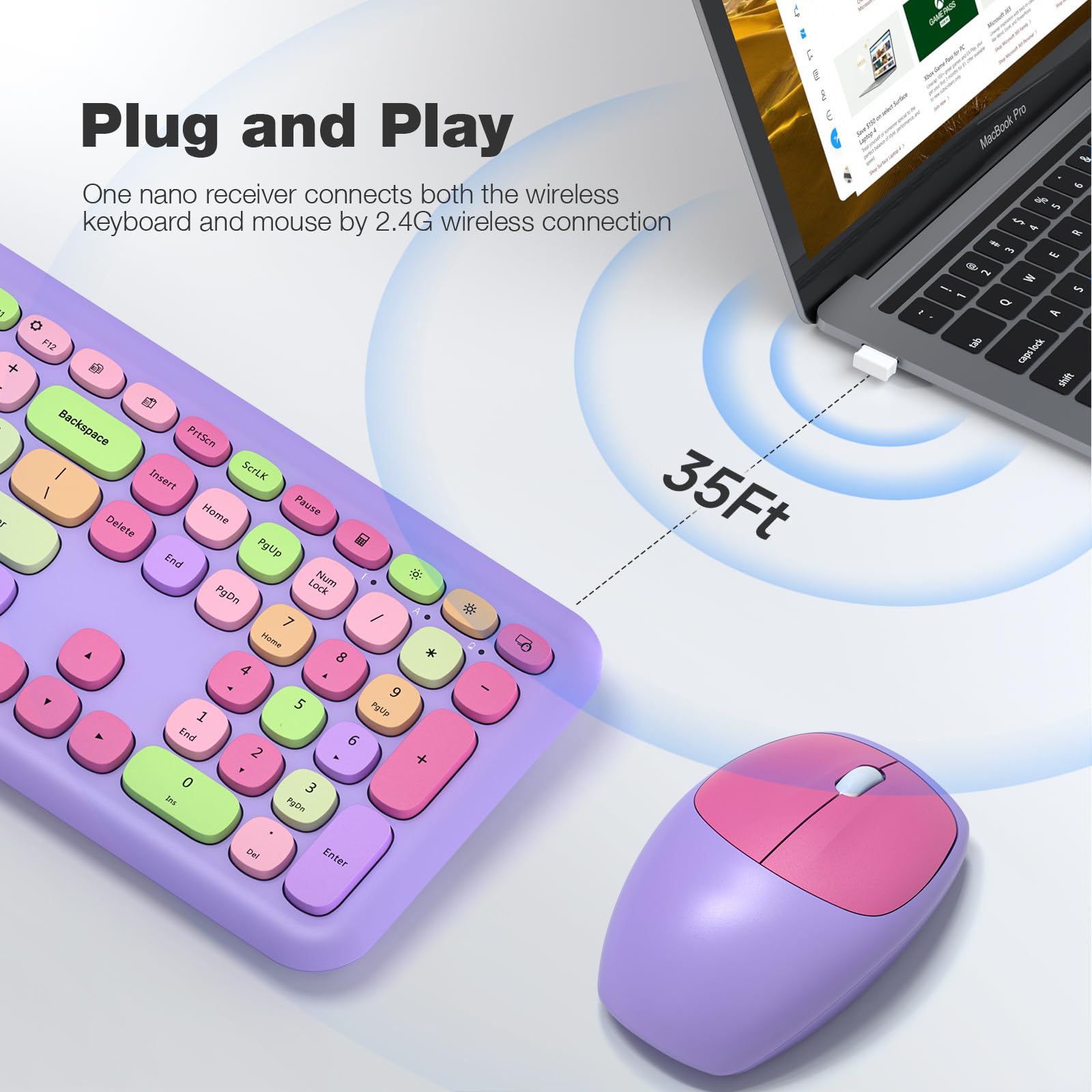 Knowsqt Wireless Keyboard And Mouse Combo, Pale Purple Full Sized 2.4G Silent Keycap Colorful Keyboards, Usb Dongle Plug Play, L