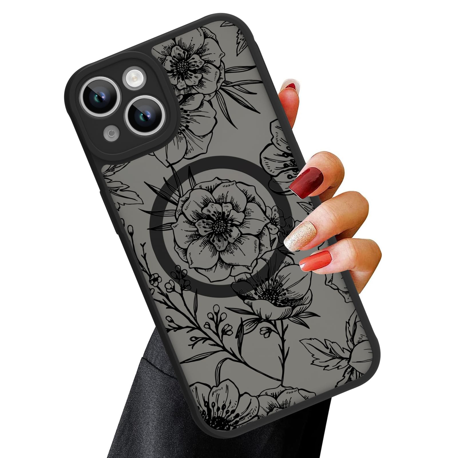 Ook Magnetic For Iphone 13 Case Black Flower Floral Pattern [Compatible With Magsafe] Slim Translucent Matte Camera Lens Protect