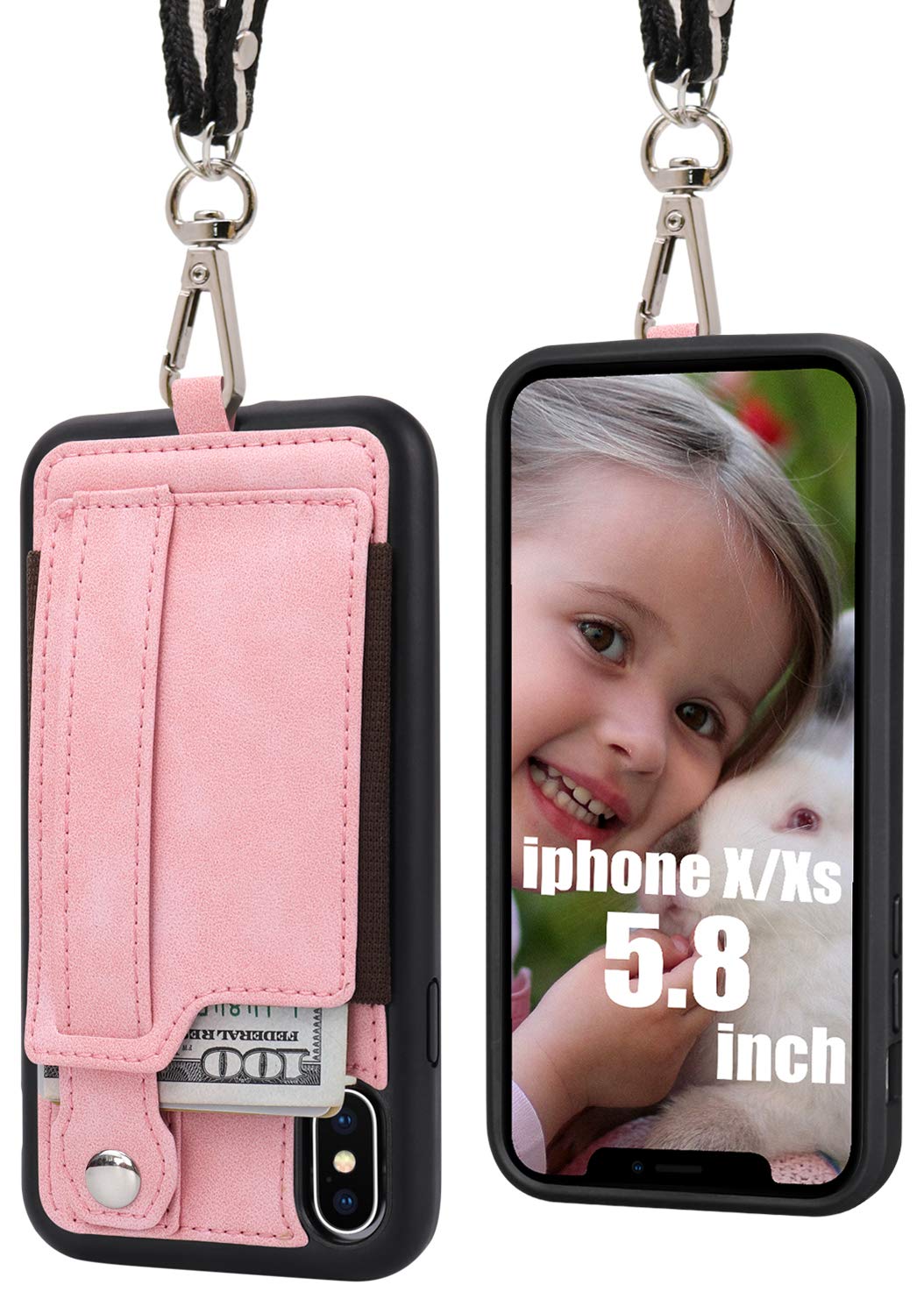 Toovren Iphone X/Xs Wallet Case Phone Lanyard Neck Strap Iphone Xs / 10 Protective Case Cover With Stand Leather Pu Card Holder