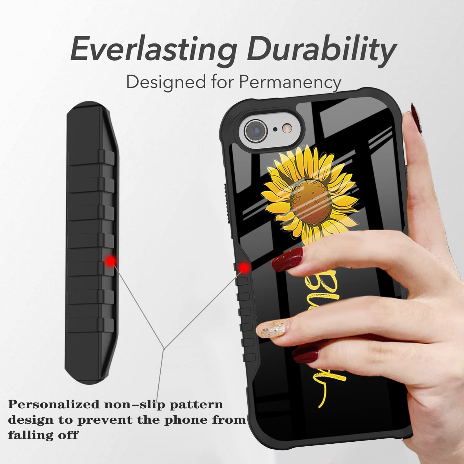 FJyuanqi Cute Sunflower Blessed iPhone SE 2022/2020 Case, Heavy Duty Shockproof Hard Plastic & Soft Silicone for iPhone 6/7/8