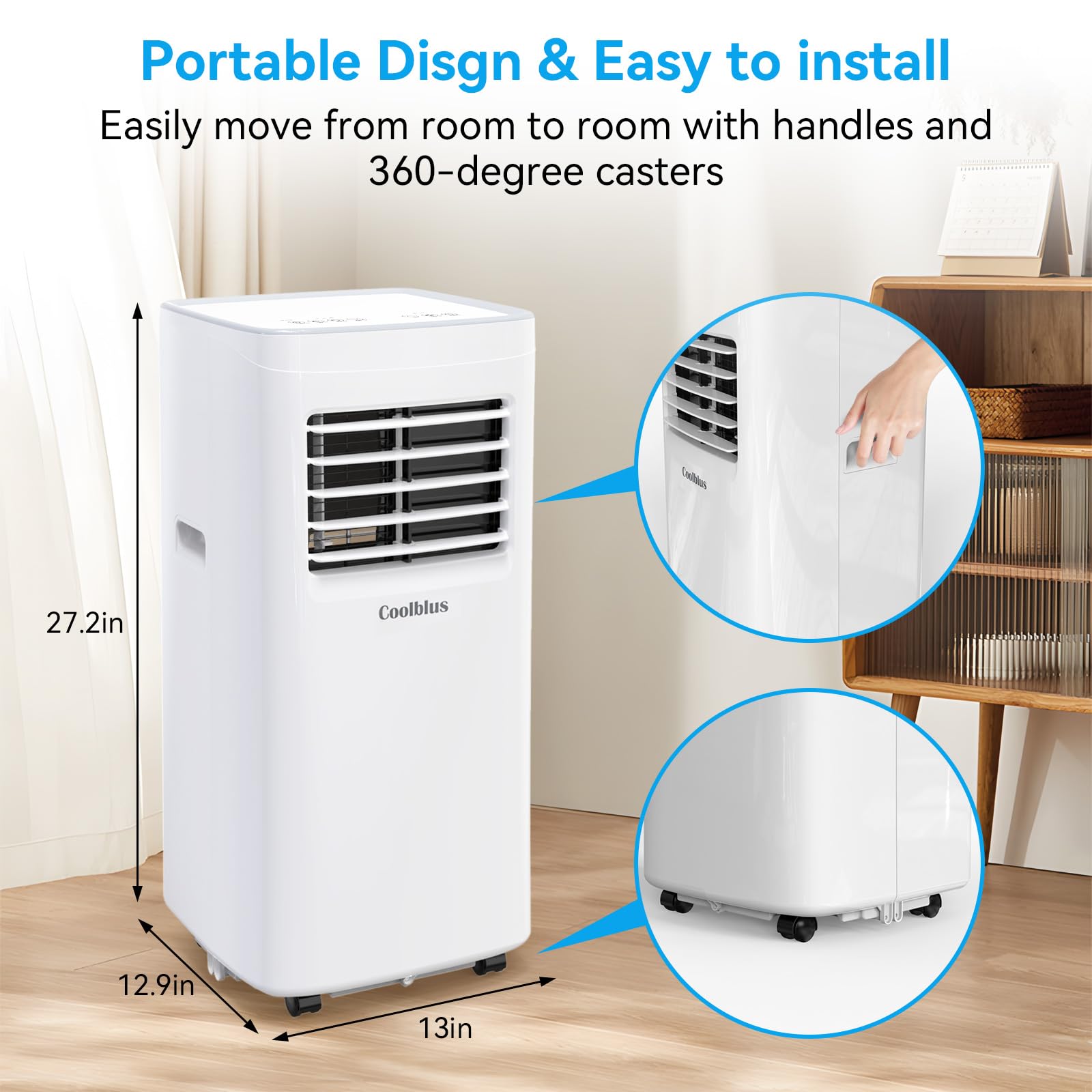 Coolblus Portable Air Conditioner,12000 Btu Portable Ac Up To 550 Sq,3 In 1 With Remote Control,Sleep Mode, Windows Kit,Brush,Wh