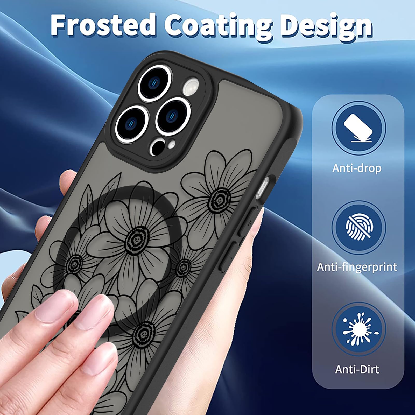 Ook Magnetic For Iphone 14 Pro Max Case Black Flower Sunflower Pattern [Compatible With Magsafe] Slim Translucent Matte Camera L
