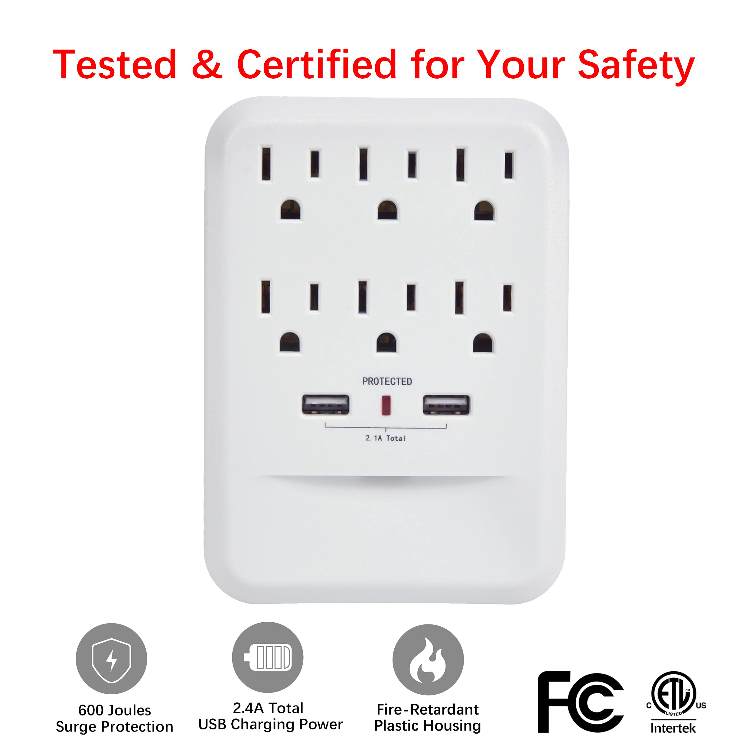 Clear Power 2Pack: 6 Outlet 600 Joule Surge Protector Wall Tap W/2 Port Usb A Charger & Nightlight, Cp30005X2