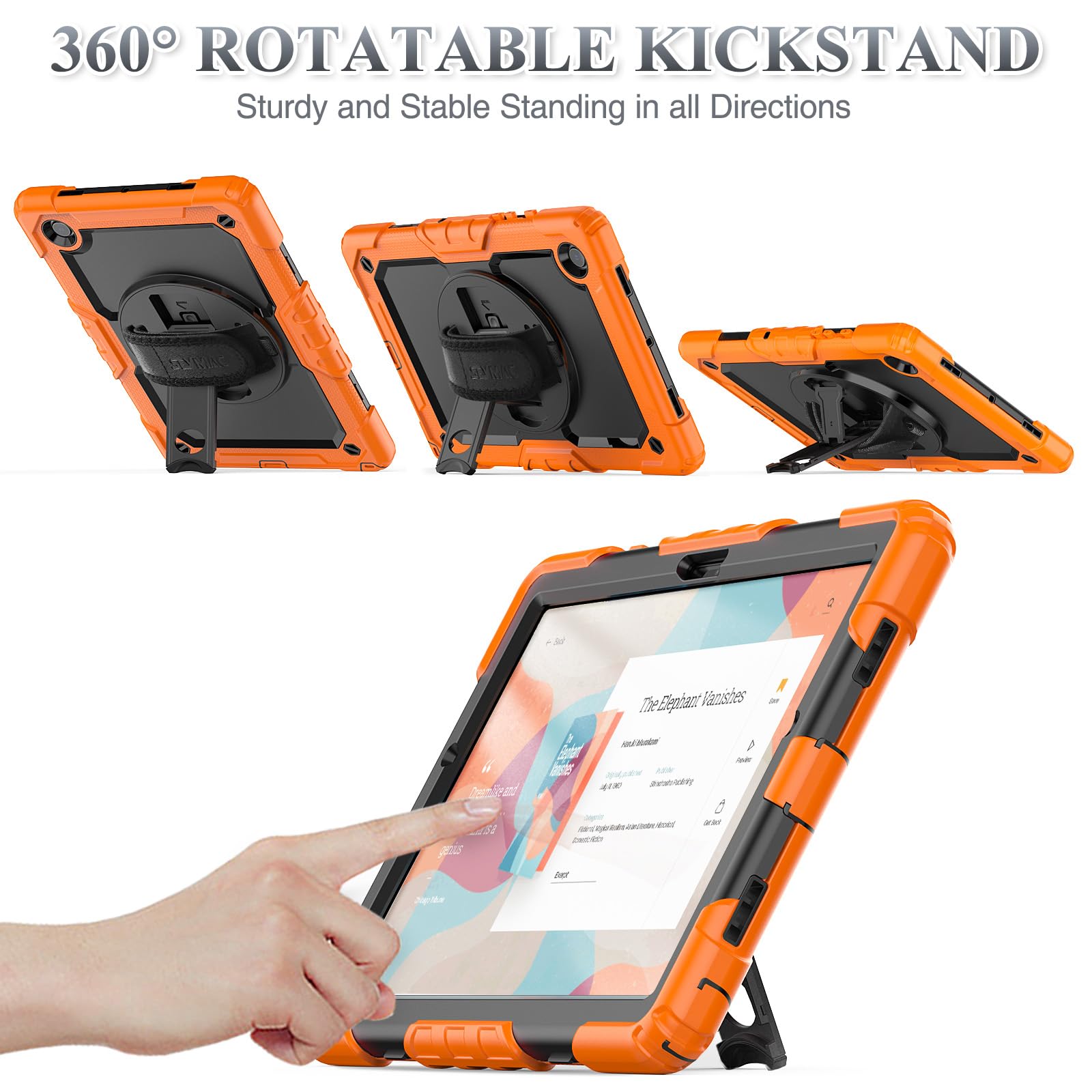 Seymac Stock 360 Hand Strap Shockproof Case For Samsung Galaxy Tab A9 Plus 11 Inch, Orange+Black