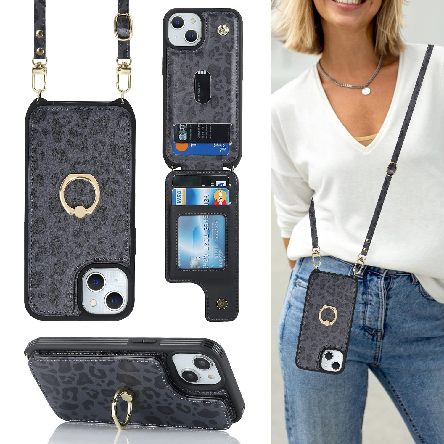 Lipvina for iPhone 13 Case with Card Holder for Women,Phone Case with Strap,Crossbody Lanyard,Ring Stand,Snap Clasp,Cute Wallet 