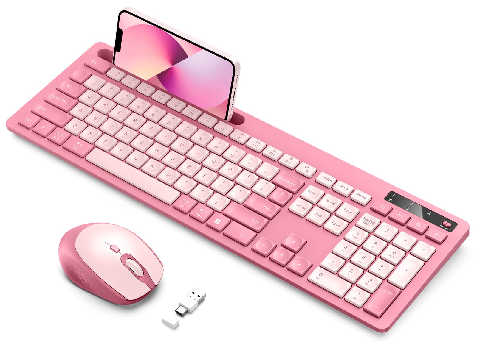 Wireless Keyboard And Mouse Set Rose Pink, Vivefox Wireless Keyboard With Phone Holder, Usb A & Type C Cute Keyboard And Mouse C