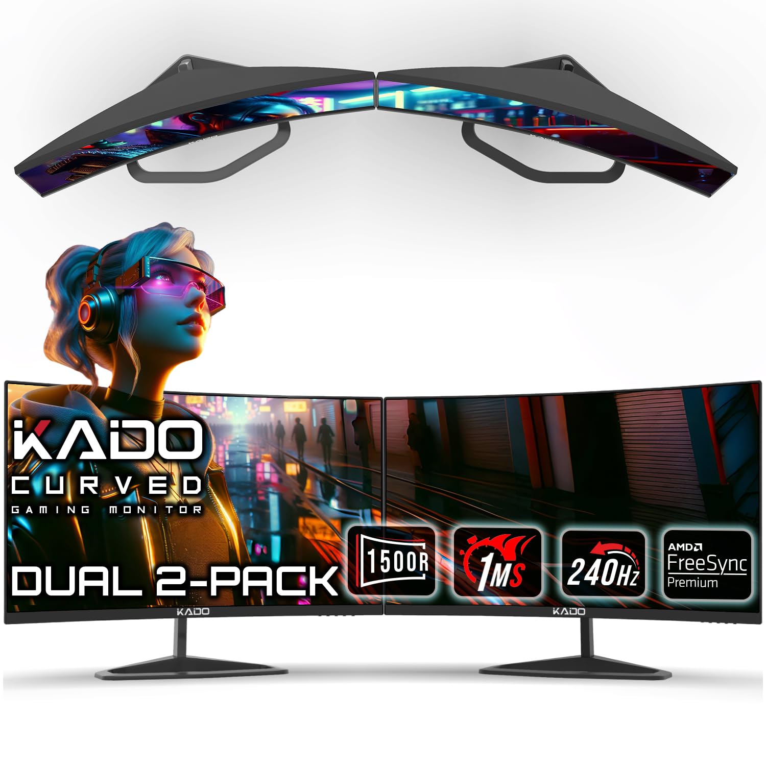 Kado 25 Class Dual Gaming Monitor Setup - 2-Pack 24.5 Curved 1500R 240Hz 1ms 1920x1080 Computer Monitor, Parallel Gaming AMD Fre