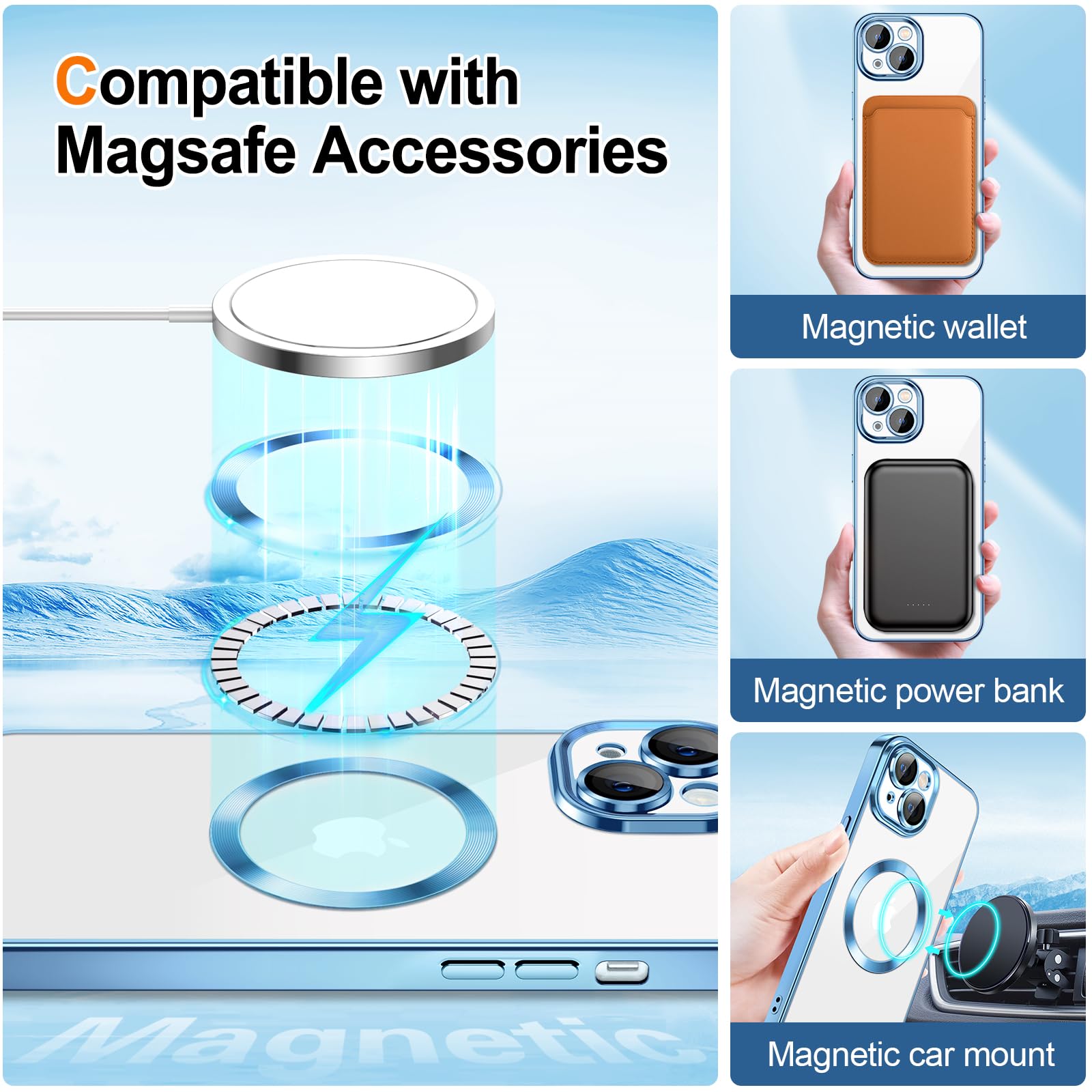 Hython For Iphone 14 Plus Case Clear Magnetic Glitter Phone Cases [Compatible With Magsafe] Full Camera Lens Protector Gradient