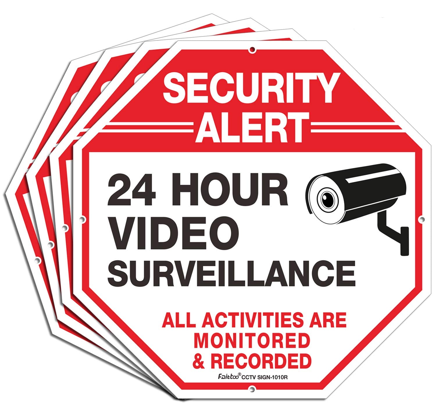 (4 Pack) ''Security Alert, 24 Hour Video Surveillance, All Activities Monitored'' Signs,10X10 Inches .040 Aluminum Reflective Wa