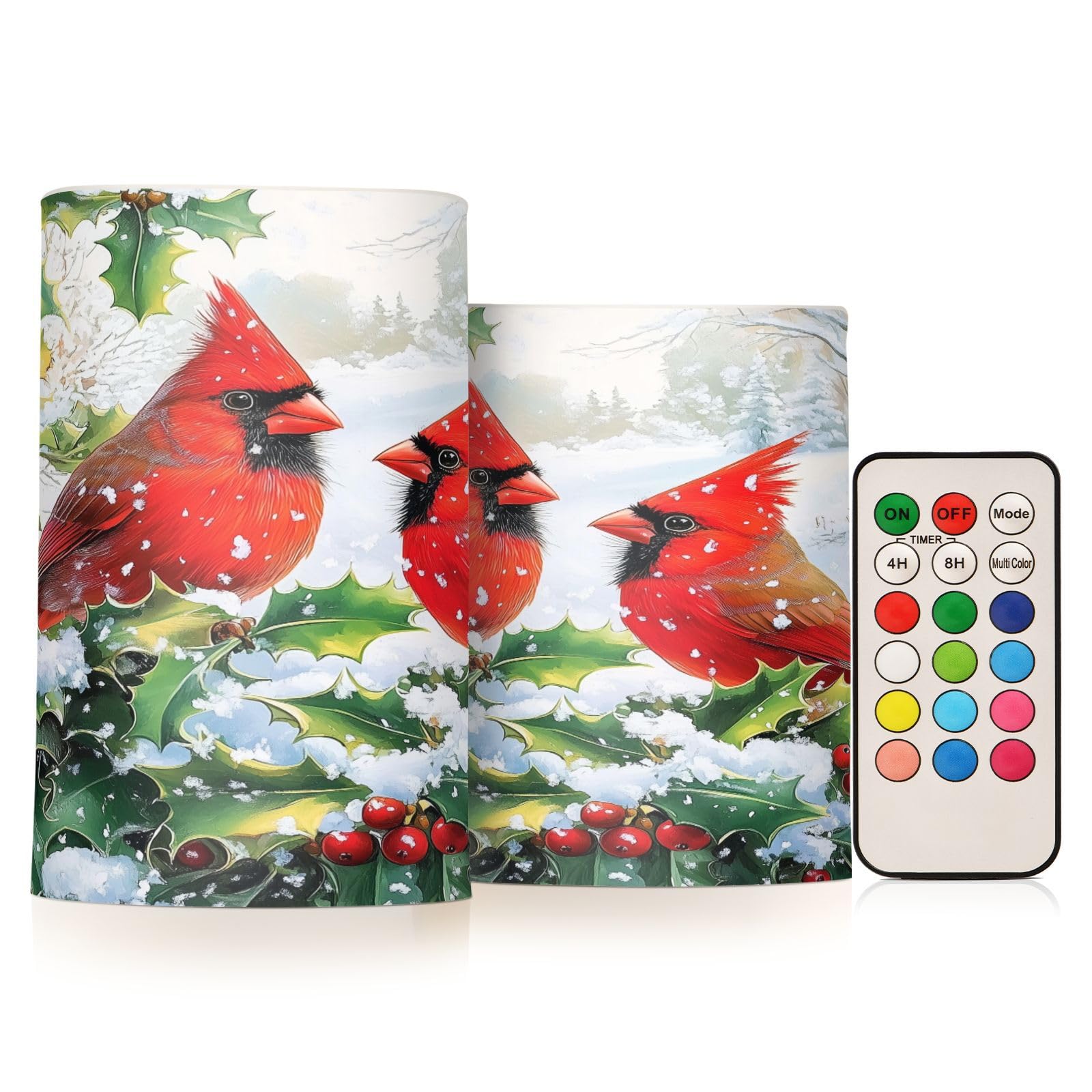 BOENLE Flickering Flameless Candles, Red Cardinals Holly Christmas LED Candles with Remote Timer, Set of 2 Battery Operated Cand