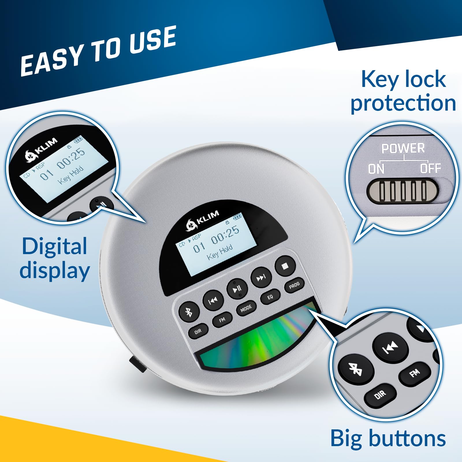 Klim Nomad   New Version   Portable Cd Player Walkman With Long Lasting Battery   With Headphones   Radio Fm   Compatible Mp3 Cd