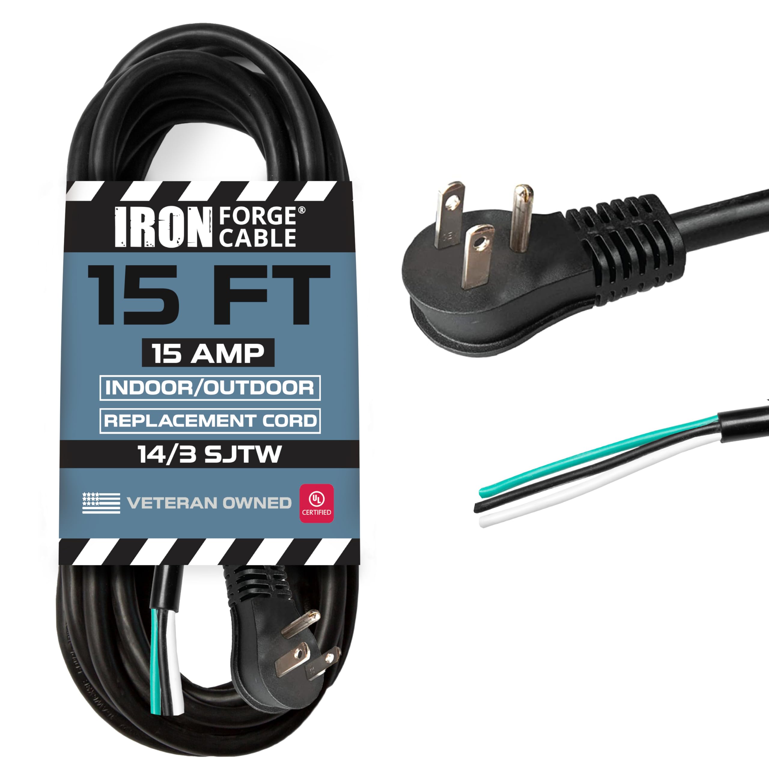 Iron Forge Cable 15 Amp Flat Plug Power Cord Replacement 15 Ft With Open End, 14 Gauge Slim Plug Replacement Cord 3 Prong, 14/3