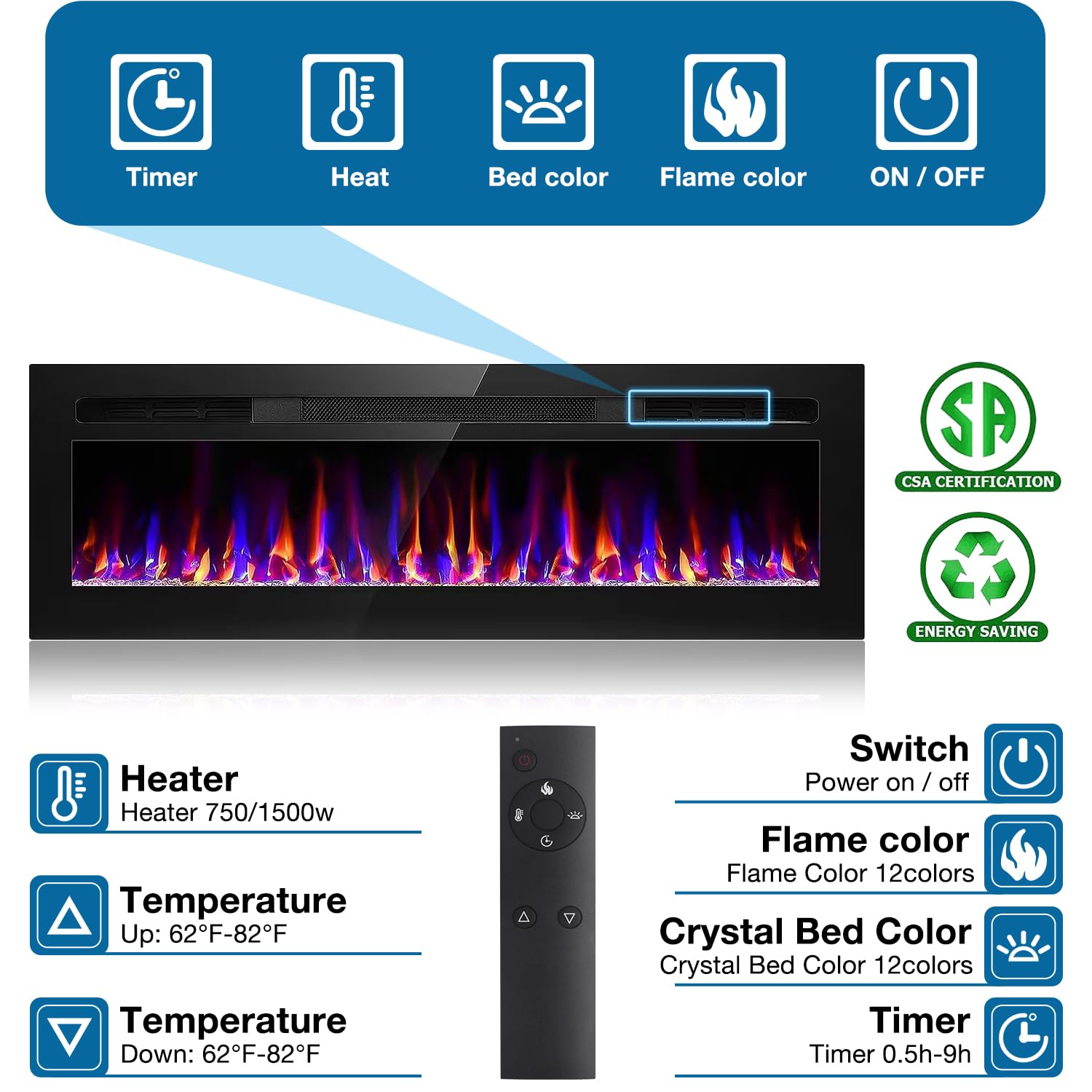 60 Inch Electric Fireplace Recessed And Wall Mounted, Fireplace Heater And Linear Fireplace, Ultra Thin Electric Fireplace, Low
