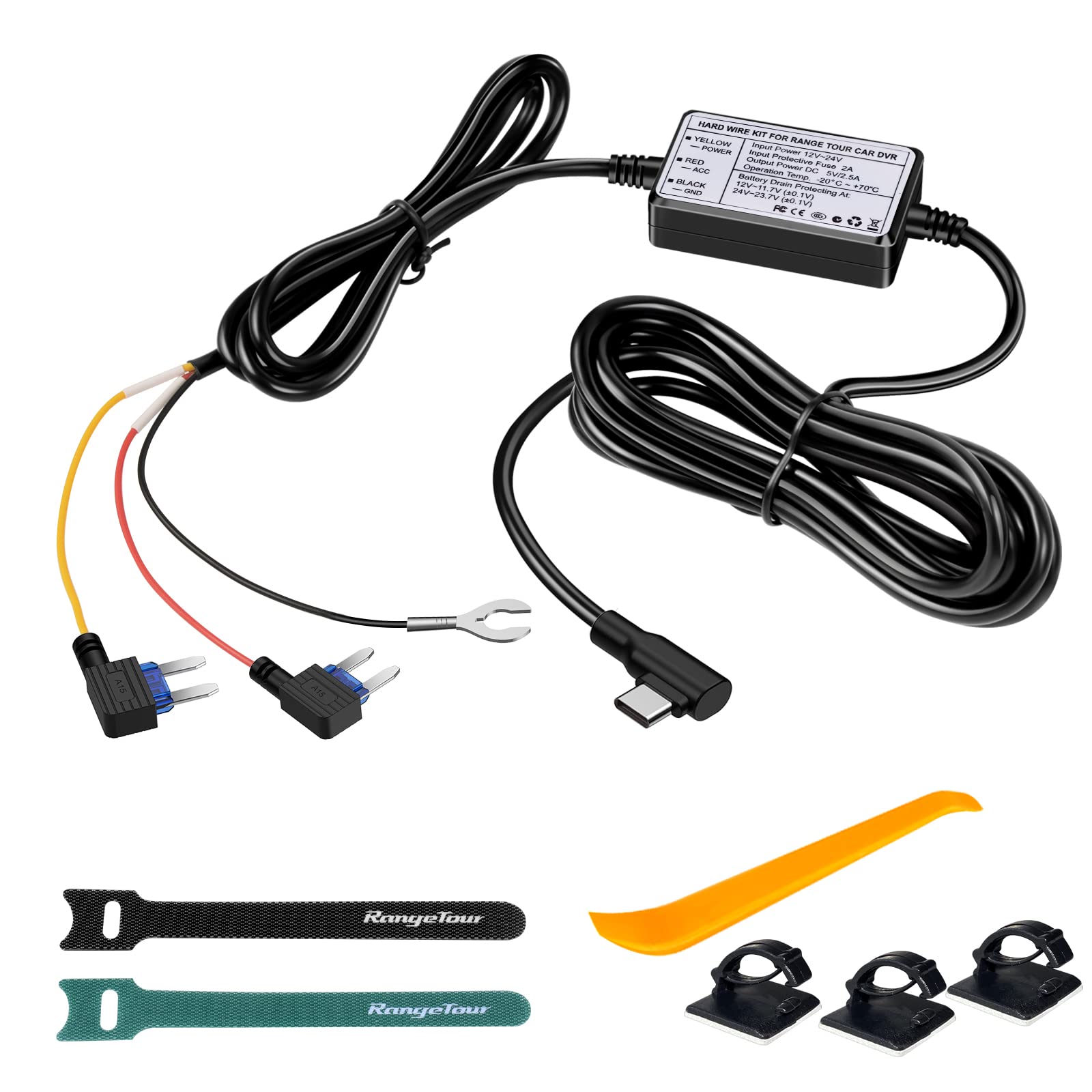 Range Tour Hardwire Kit For Dash Cam, 12V 24V To 5V 2.5A Car Dash Camera Charger Power Cord Usb C Hard Wire Kit Fuse For Dashcam