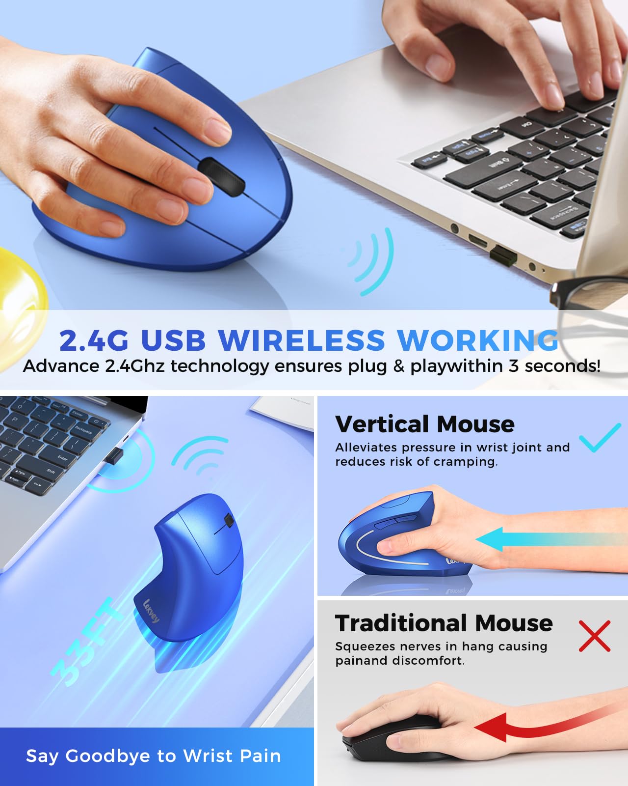 Lekvey Ergonomic Mouse, Vertical Wireless Mouse Rechargeable 2.4G Usb Optical Carpal Tunnel Mice : 3 Dpi 800/1200/1600 Levels 6 Buttons, For Laptop, Pc, Computer, Desktop, Notebook Etc, Blue
