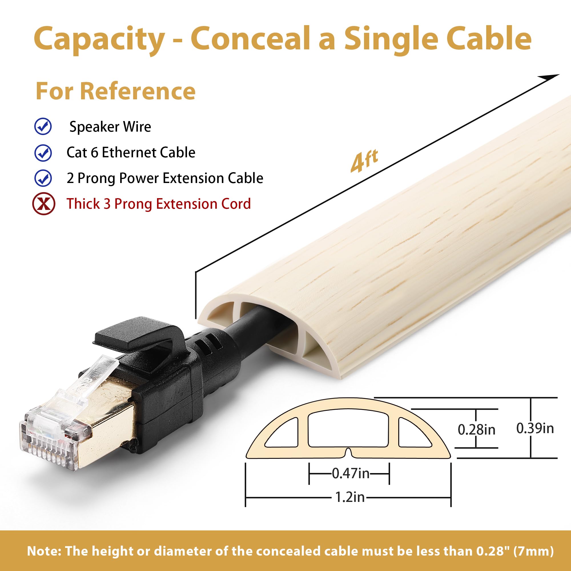 Floor Cord Cover 4Ft, Cord Hider Floor Beige Maple Wood, Floor Cable Management Prevent Cable Trips, Floor Cable Cover Wire Cove