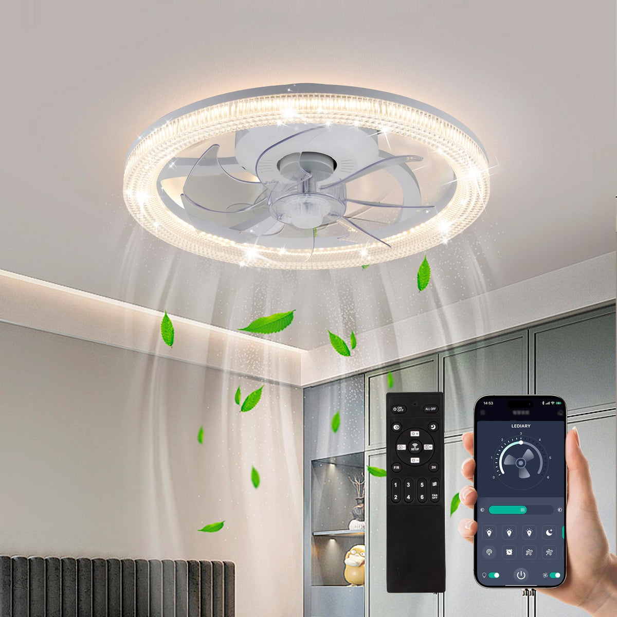 Tommax Ceiling Fans With Lights And Remote, 15.7 Inch Low Profile Flush Mount Bladeless Ceiling Fan, White Modern Ceiling Fan Wi