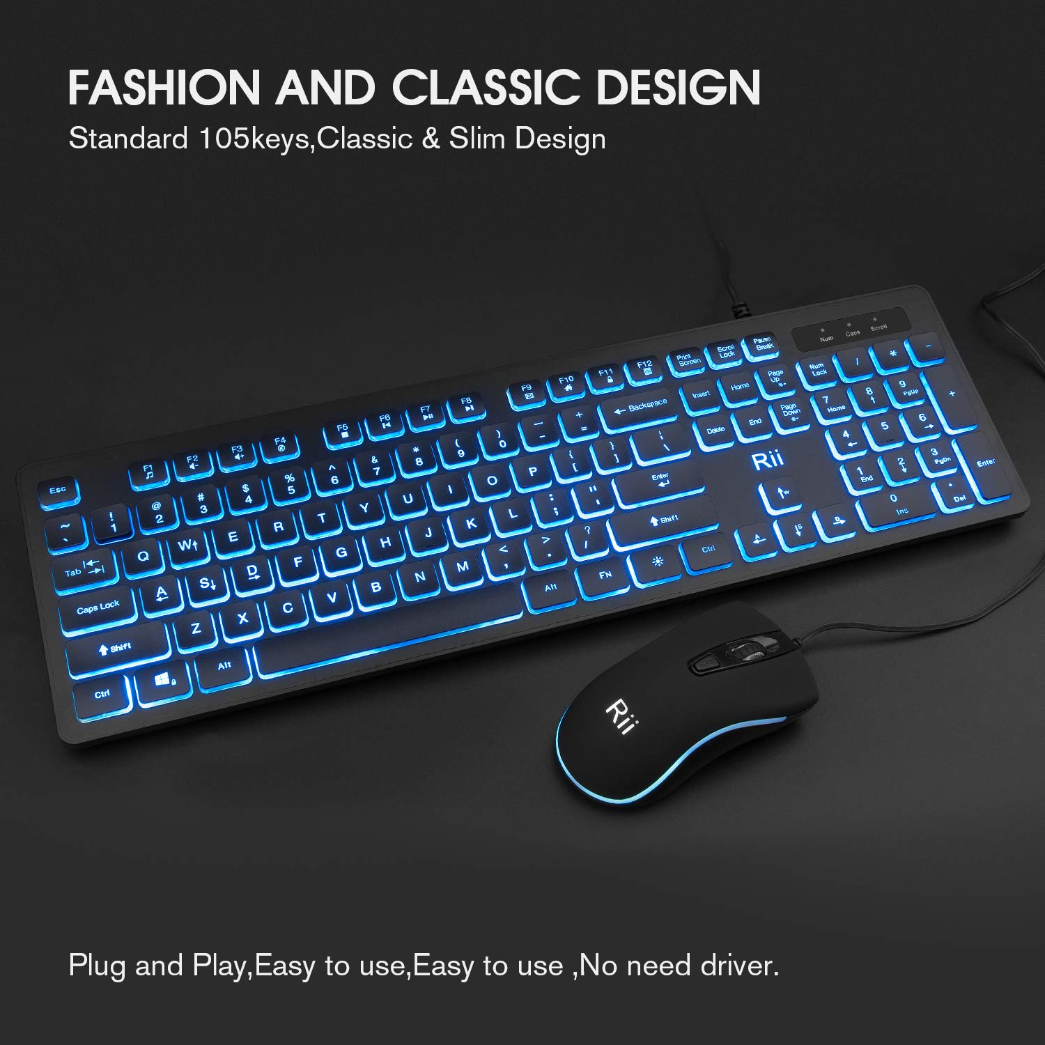 Rii Wired Keyboard and Mouse Combo, RK105 RGB Backlit, Quiet Input for Gaming, Office, School