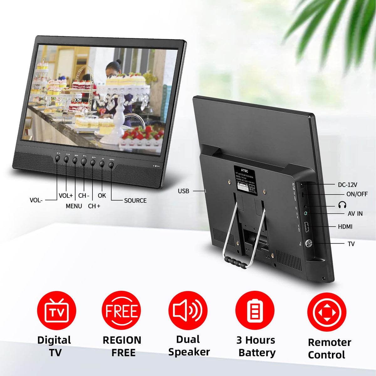 Othoig Portable Tv,14Inch Small Kitchen Tv With Battery Hdmi,Usb,Av Sl ...