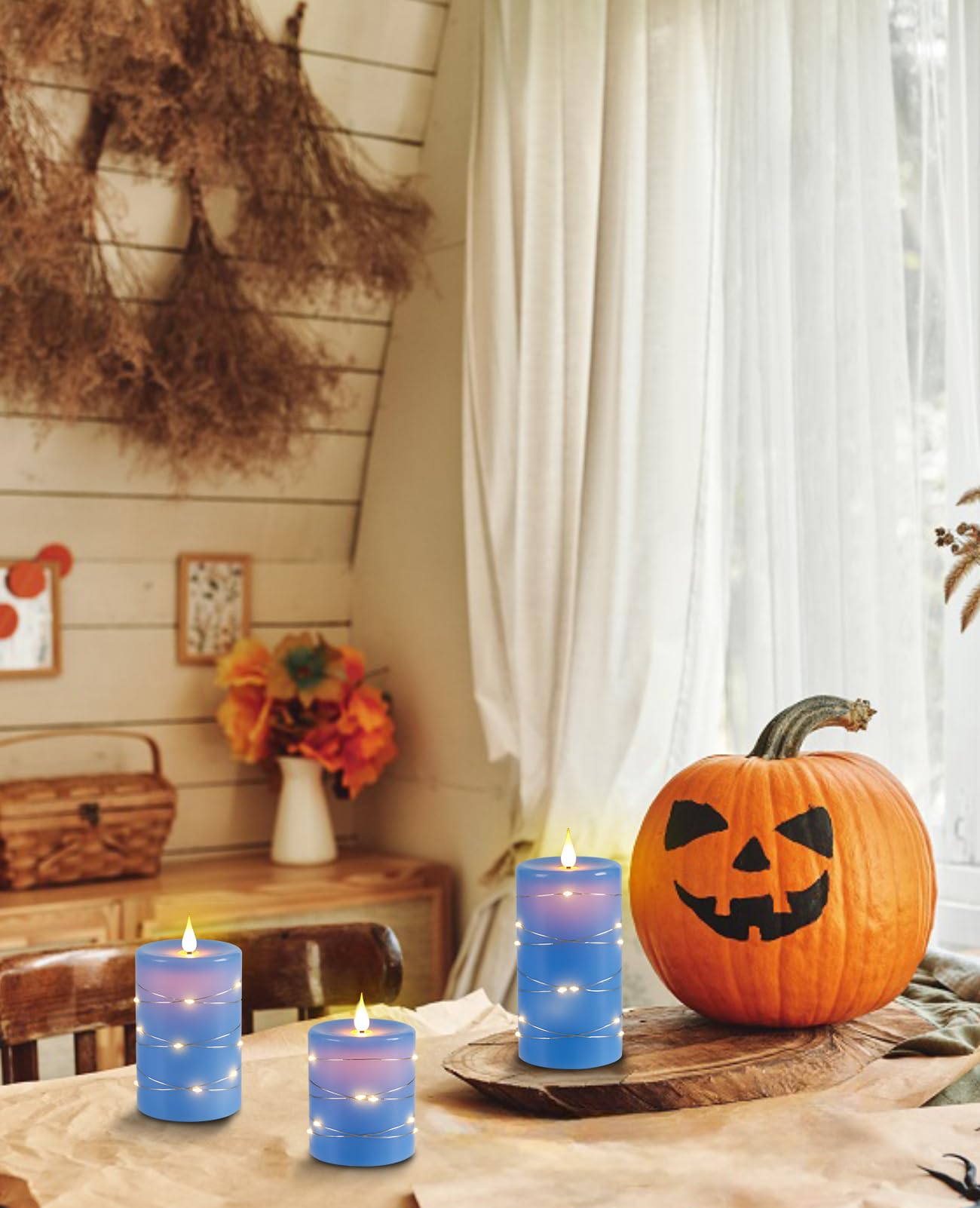 Upinmz Flameless Candle With String Of Lights Battery Powered Led Candle Flashing Candle With Remote Control And Timer 3 Packs (