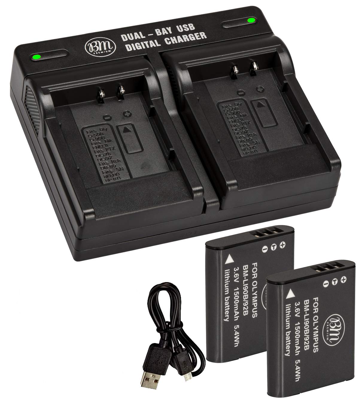 BM Premium Dual Battery Charger with 2 LI-90B, LI-92B Batteries for Olympus Tough TG-6, TG-5, TG-Tracker - 2 Batteries + Charger