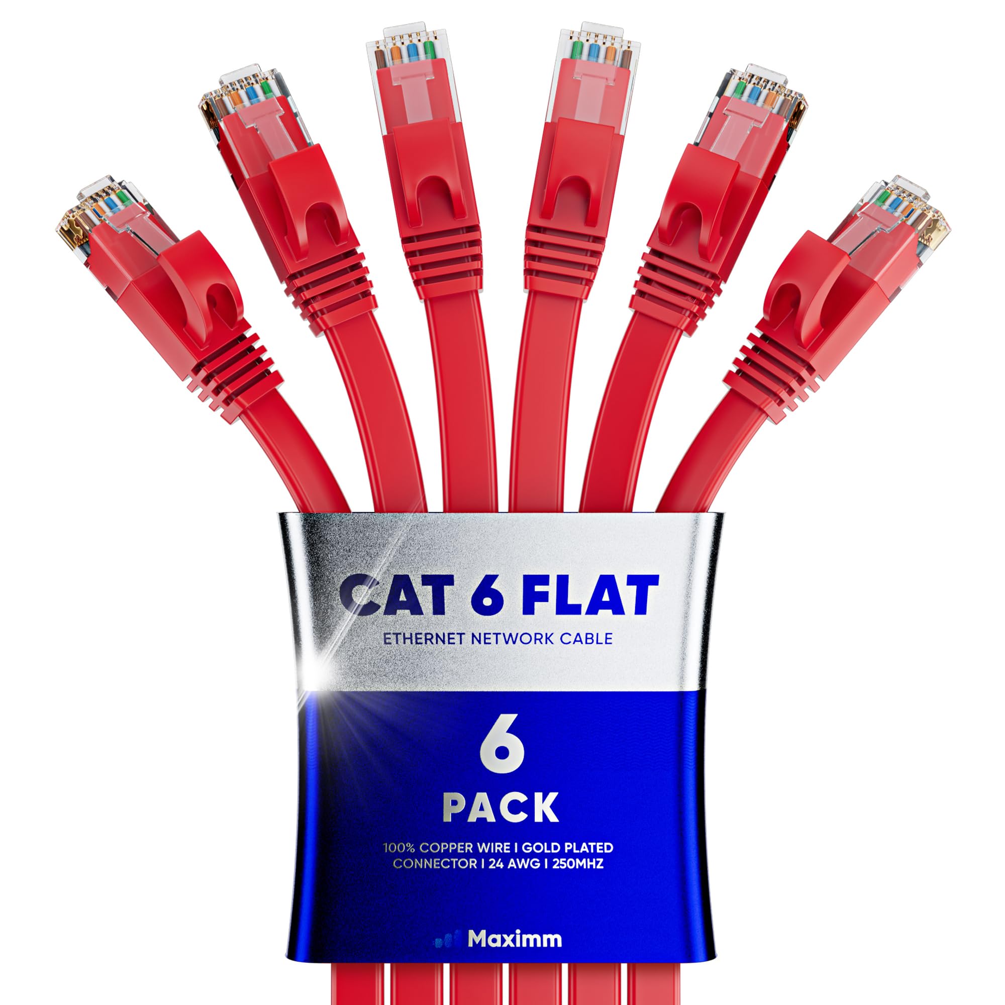 Cat 6 Ethernet Cable 2 Ft   With A Flat, Space Saving Design High Speed Internet & Network Lan Patch Cable, Rj45 Connectors   2Ft / Red / 6 Pack   Perfect For Gaming, Streaming, And More