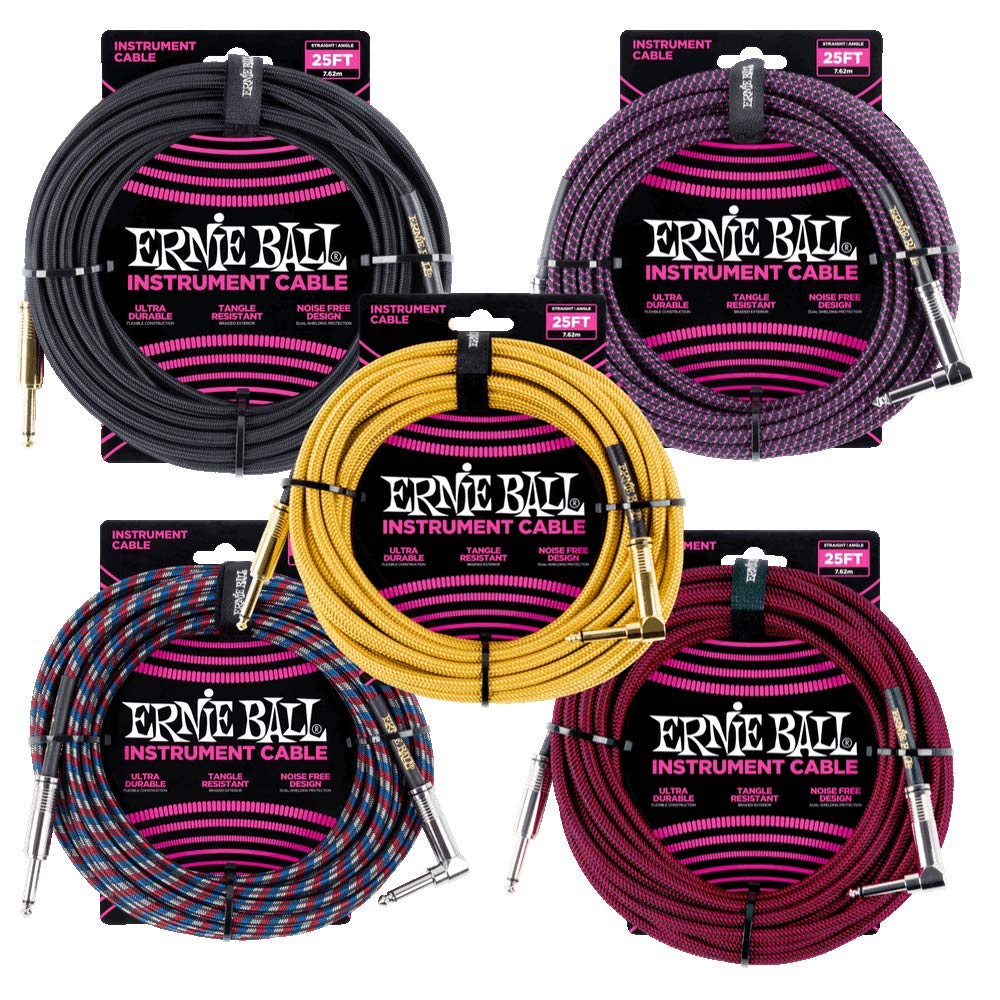 Ernie Ball Braided Instrument Cable, Straight/Angle, 25Ft, Red/Black (P06062)