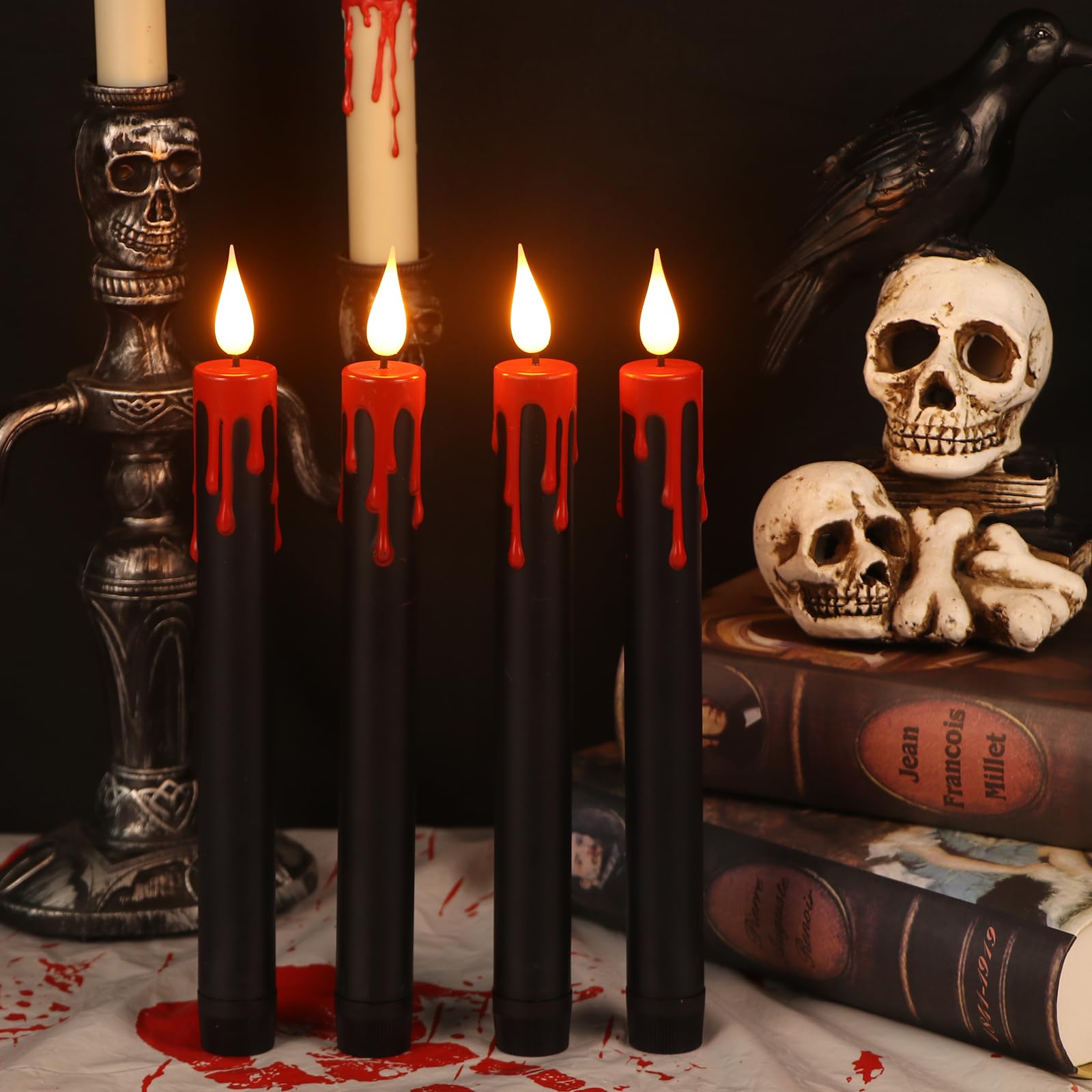 Lasumora Halloween Black Flameless Taper Candles Flickering With Remote Timer, Battery Operated Led Taper Candle, 4 Pcs Drip Wax