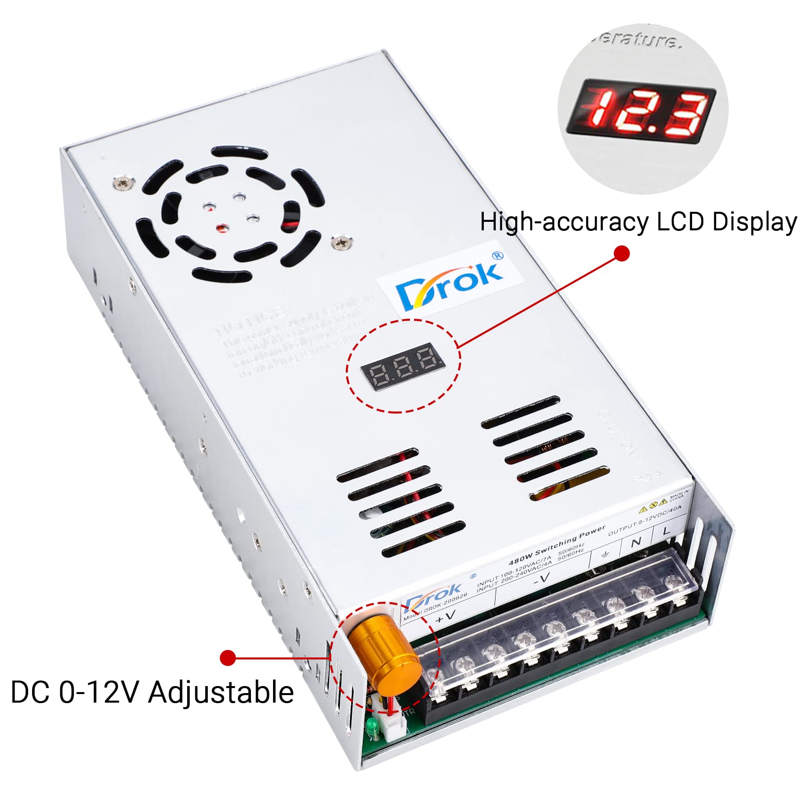 Drok 12V Power Supply, Ac 110V 220V To Dc 0 12V 40A 480W Buck Converter, Adjustable Variable Led Adapter Regulated 5V 6V 9V 12Vo