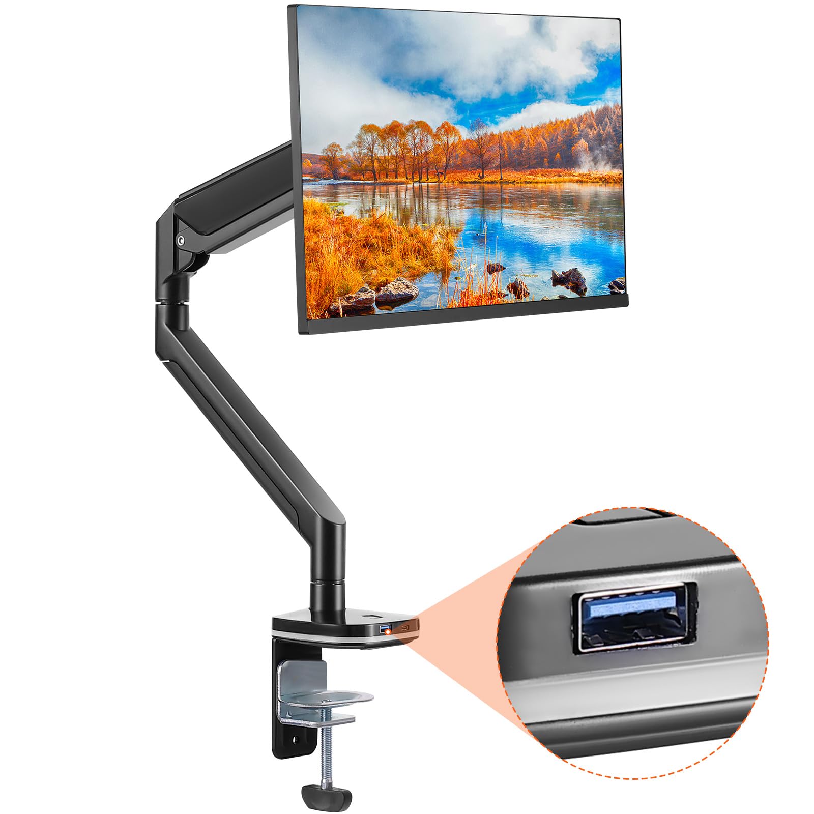 VEVOR Single Monitor Mount with USB, Supports 13-35 Screen, Gas Spring Monitor Arm for Flat/Curved Computer Screens, Holds up to